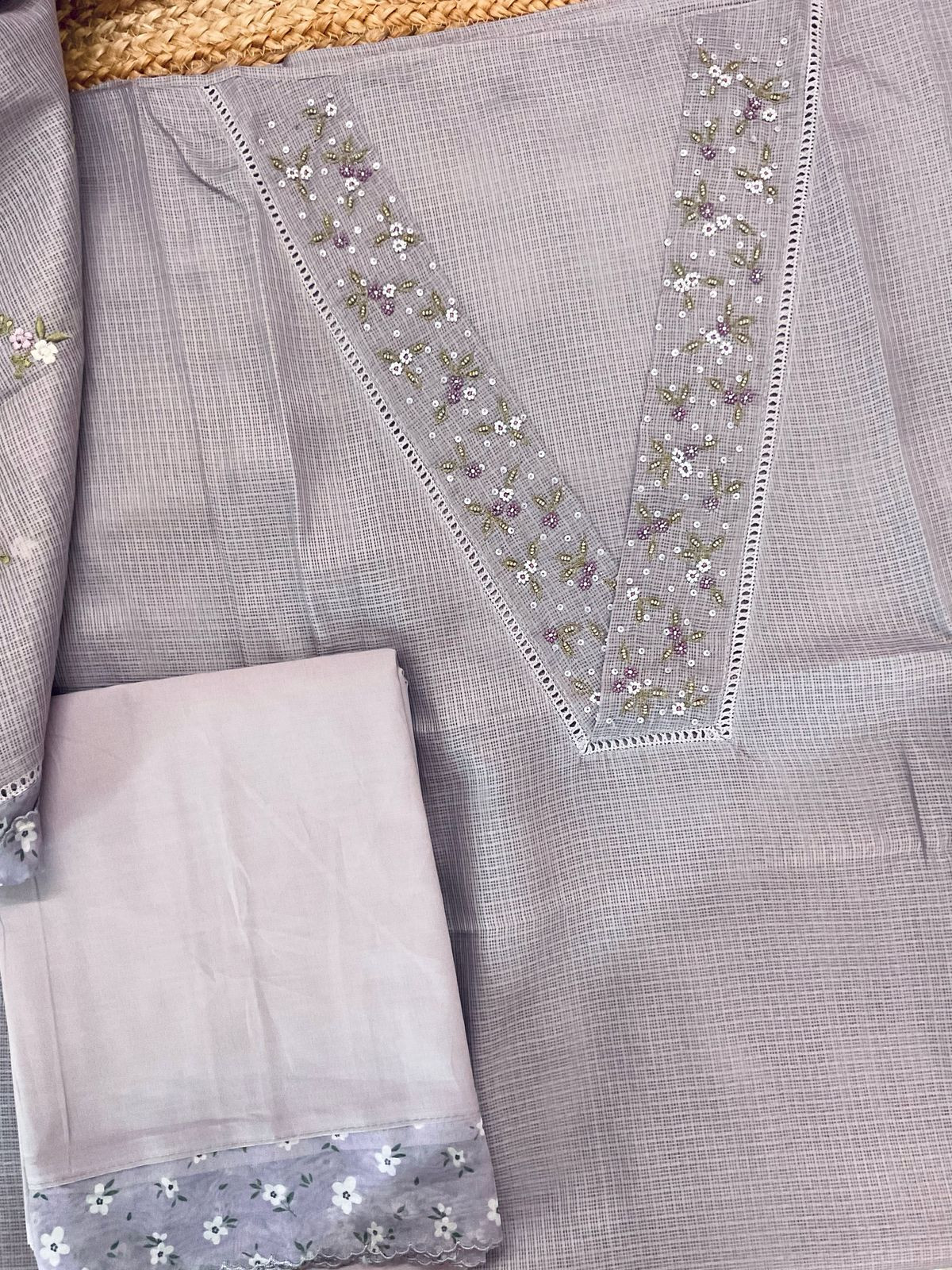 Soft Kota Silk Embroidered Suit - Lilac Grey