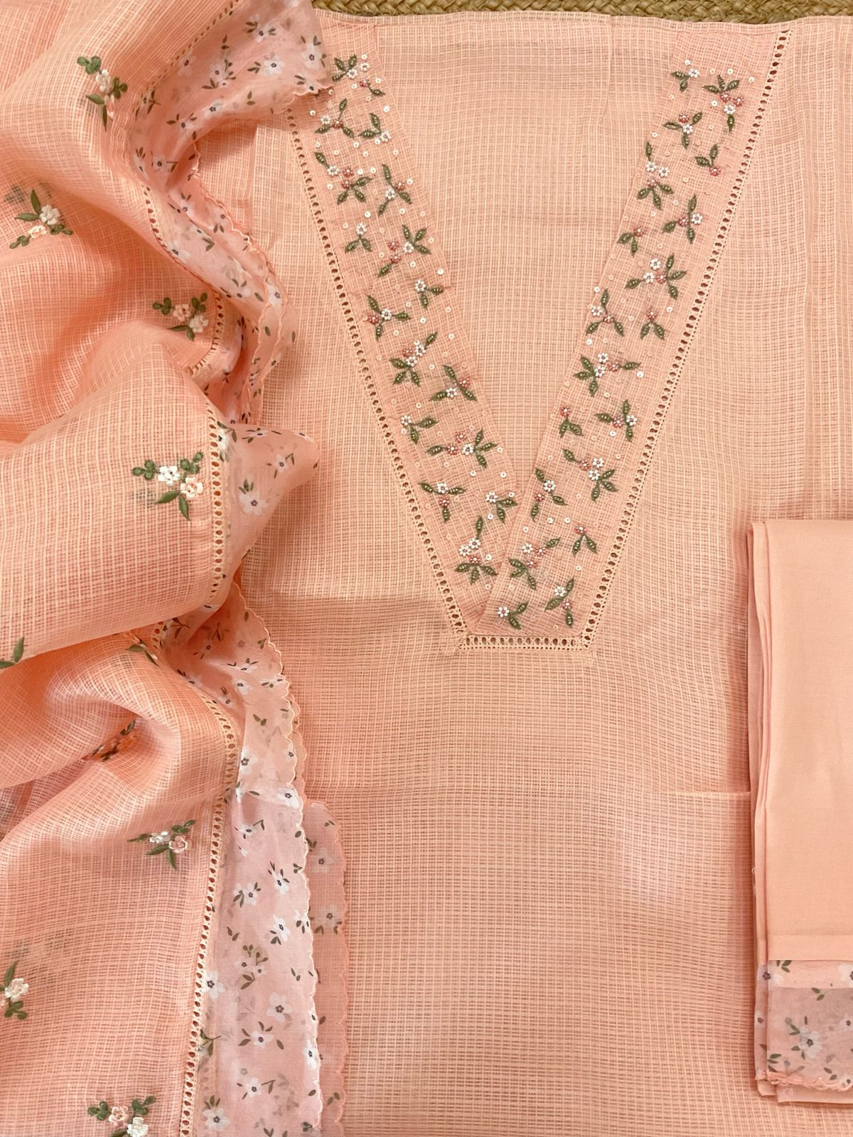 Soft Kota Silk Embroidered Suit - Peach