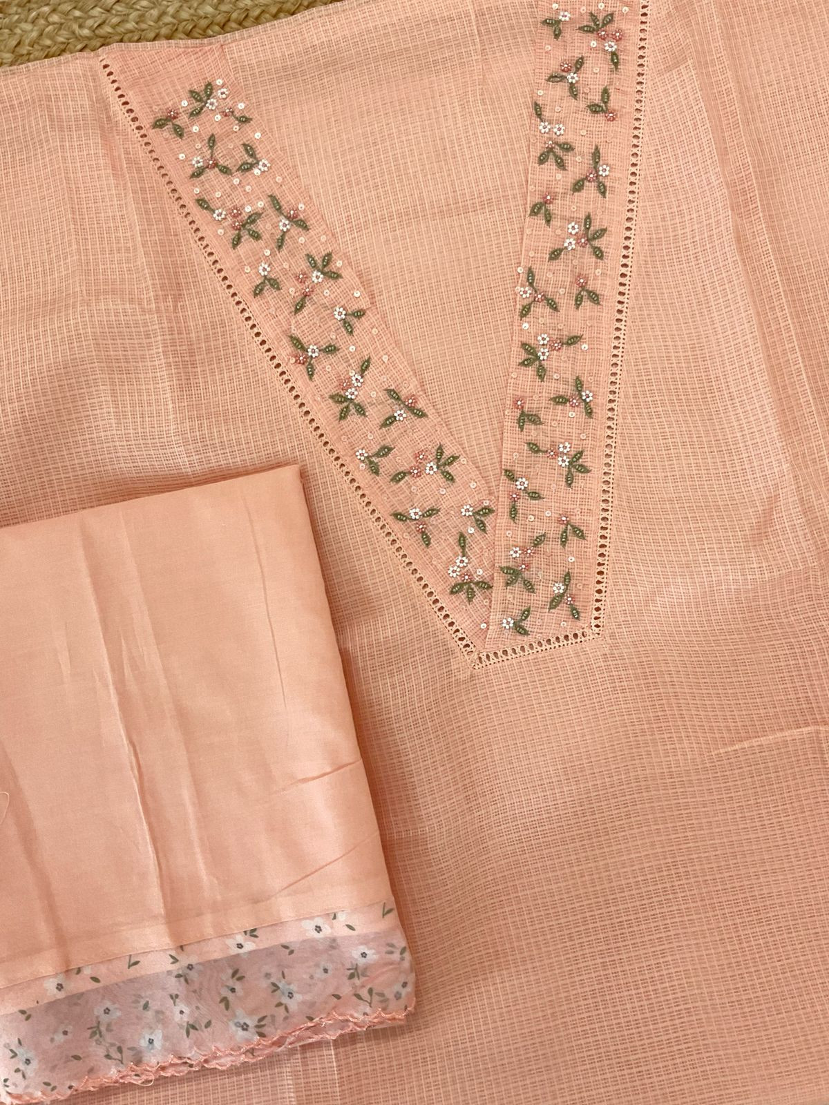 Soft Kota Silk Embroidered Suit - Peach