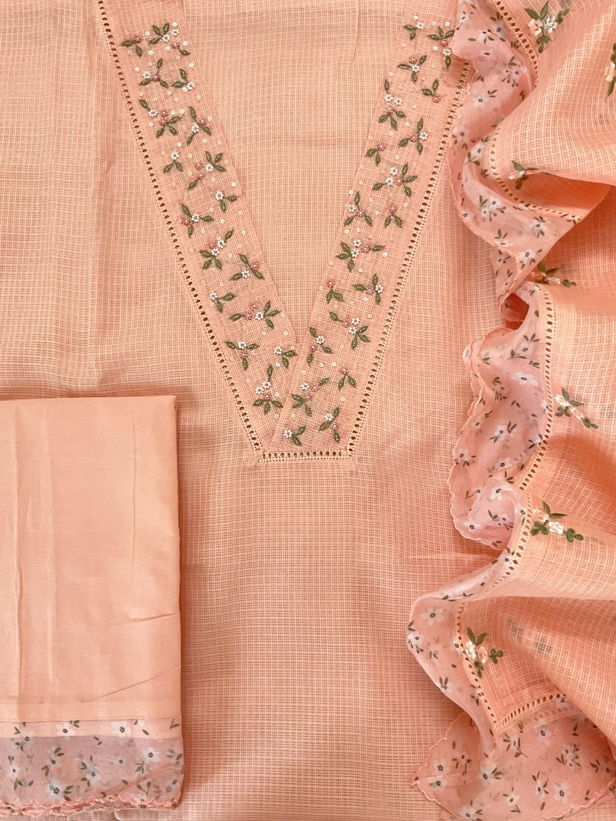 Soft Kota Silk Embroidered Suit - Peach