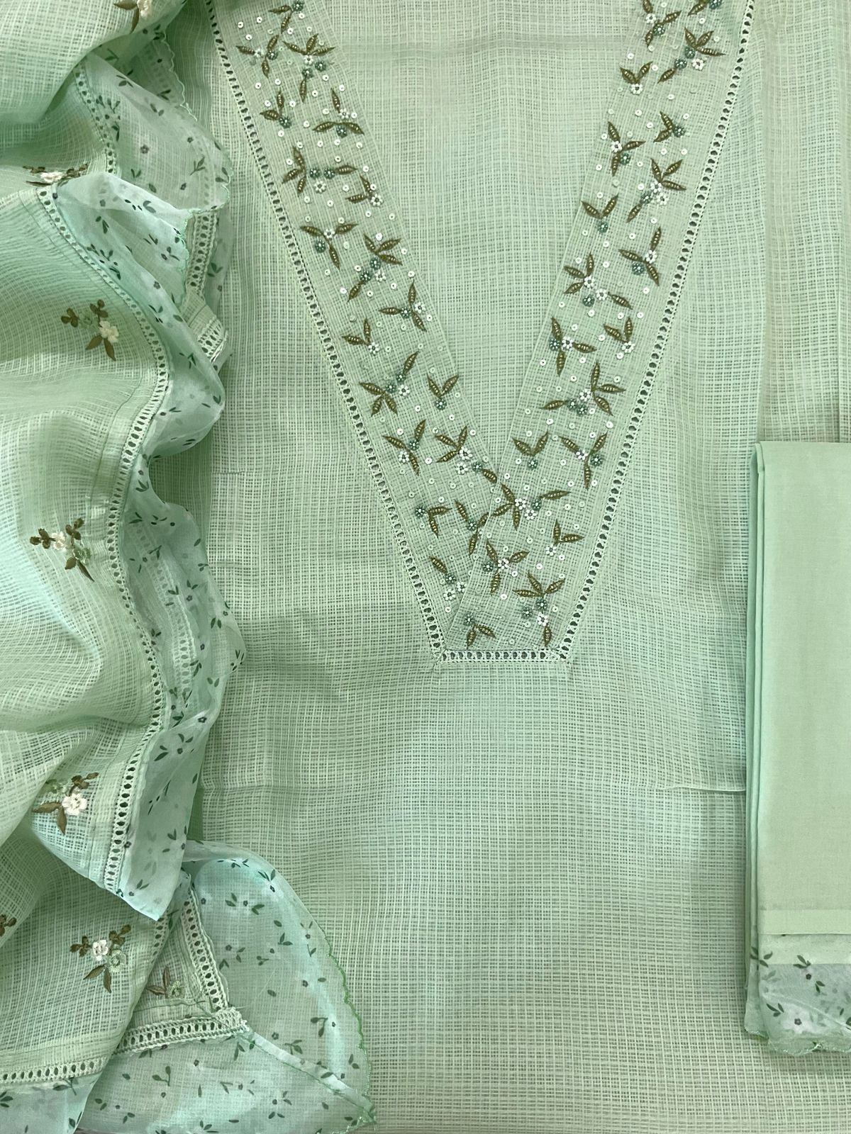 Soft Kota Silk Embroidered Suit - Green