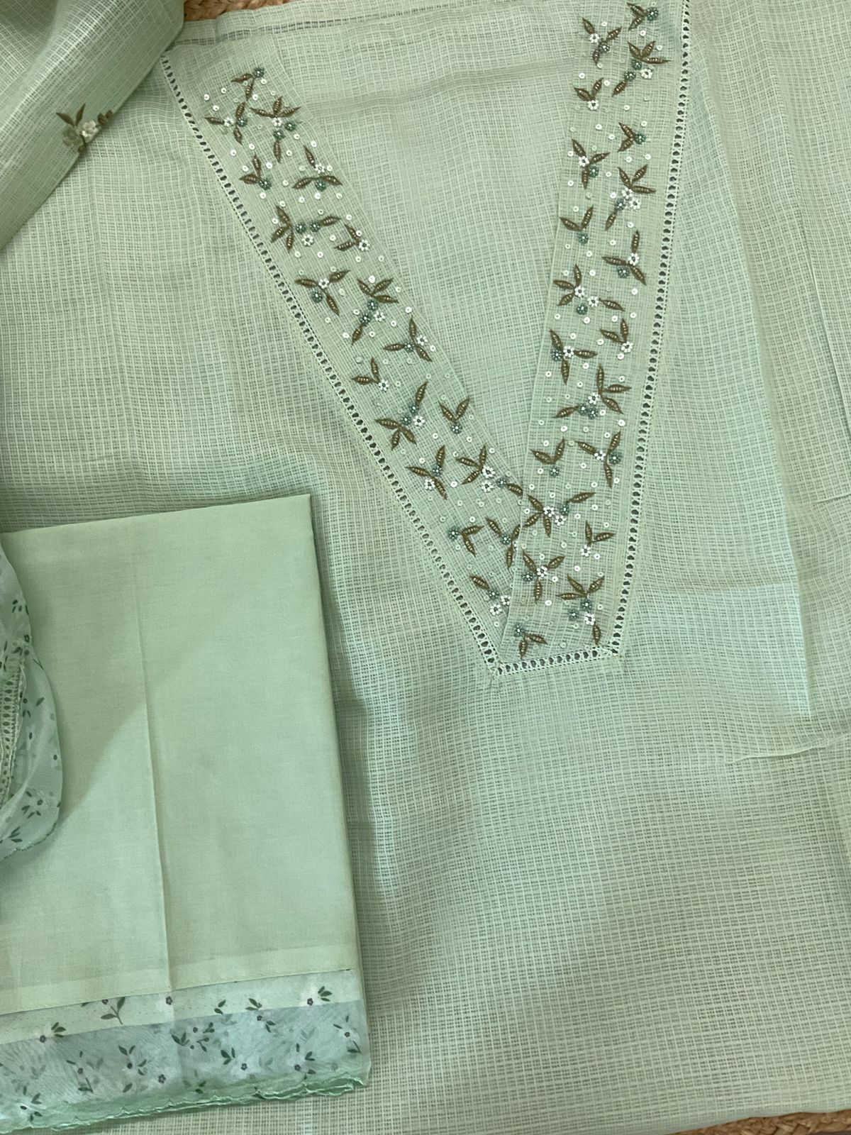 Soft Kota Silk Embroidered Suit - Green