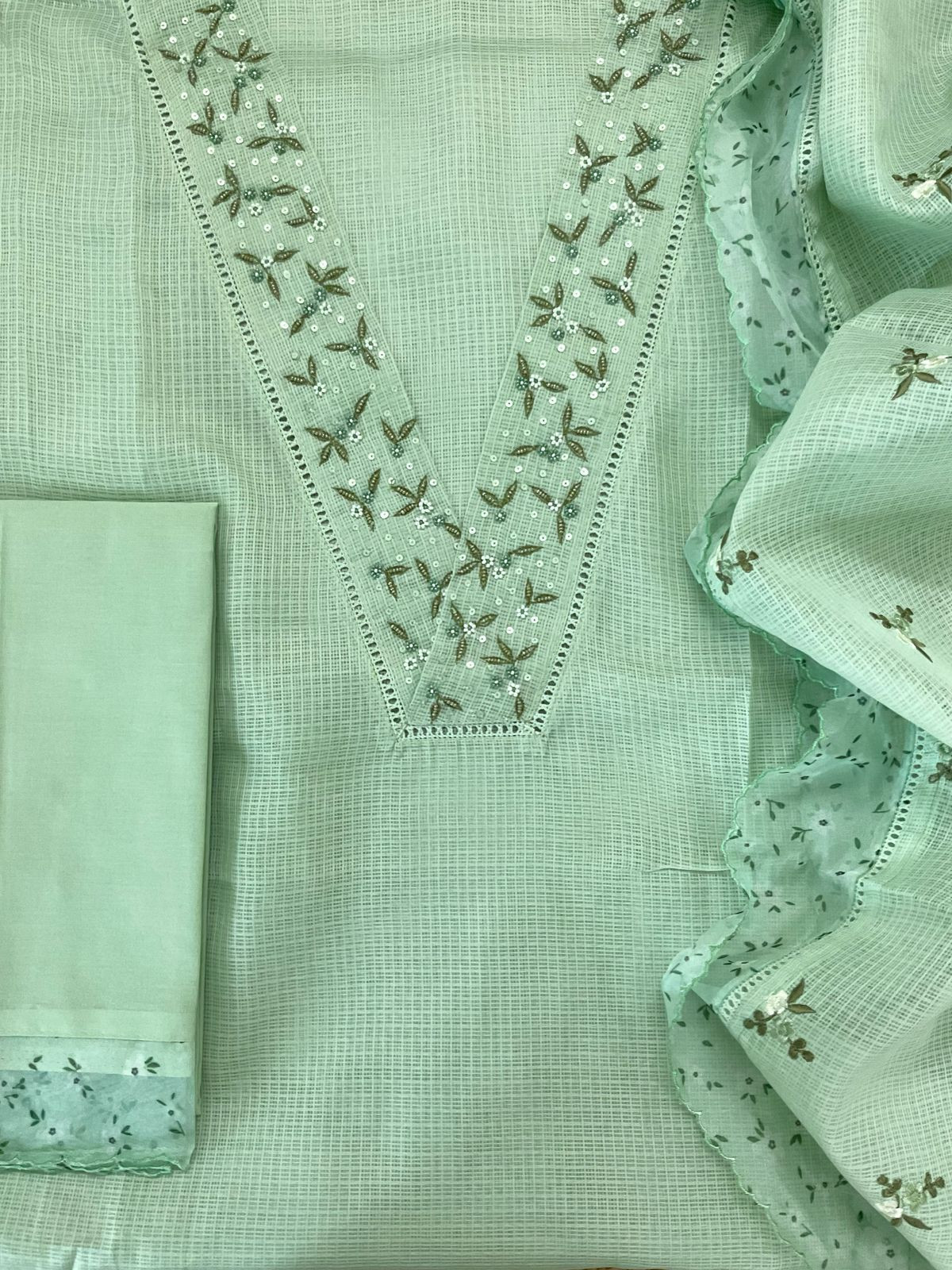 Soft Kota Silk Embroidered Suit - Green