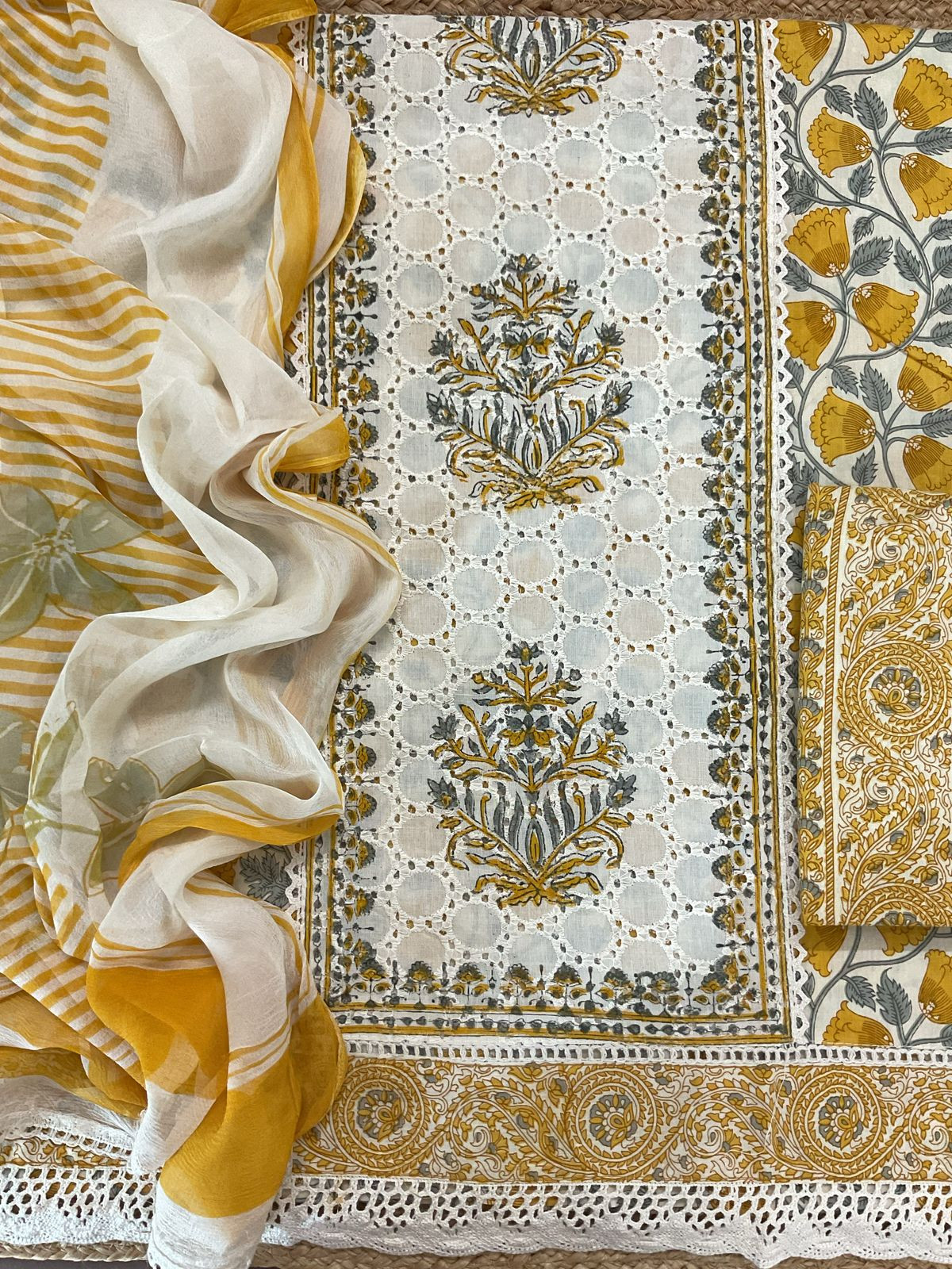 Pure Cotton Printed Embroidered Suit - Yellow