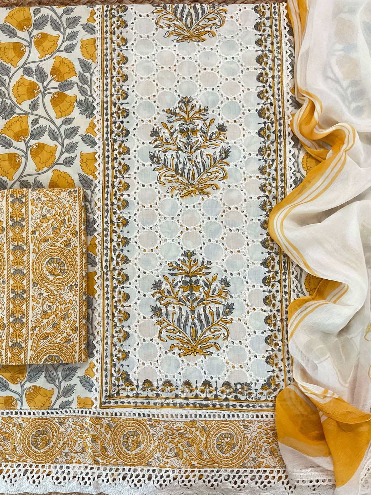 Pure Cotton Printed Embroidered Suit - Yellow