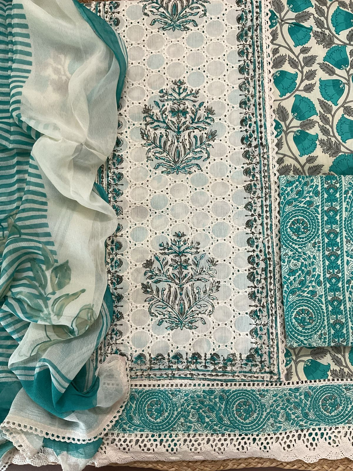 Pure Cotton Printed Embroidered Suit - Green