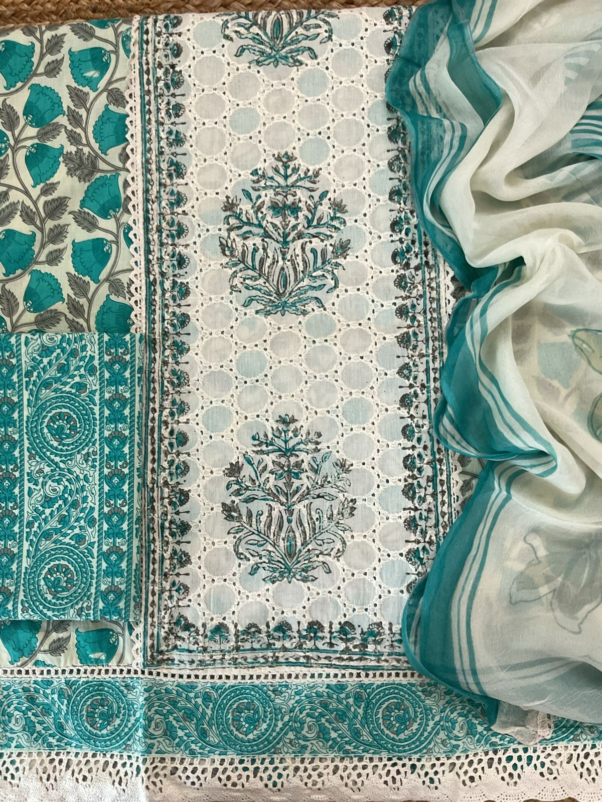 Pure Cotton Printed Embroidered Suit - Green