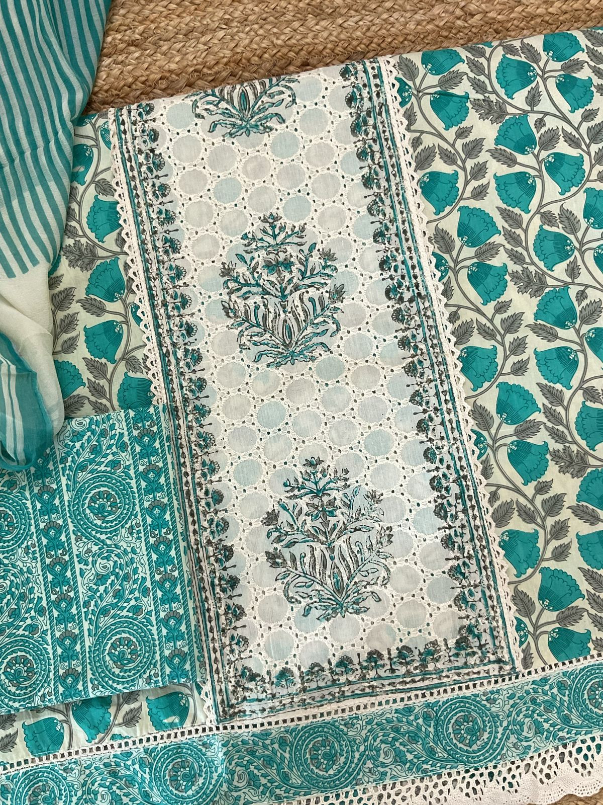 Pure Cotton Printed Embroidered Suit - Green