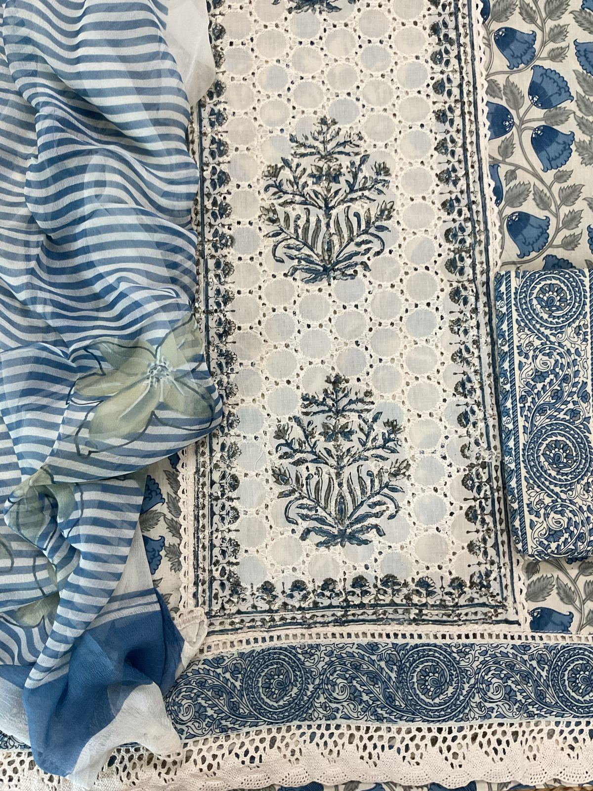 Pure Cotton Printed Embroidered Suit - Blue