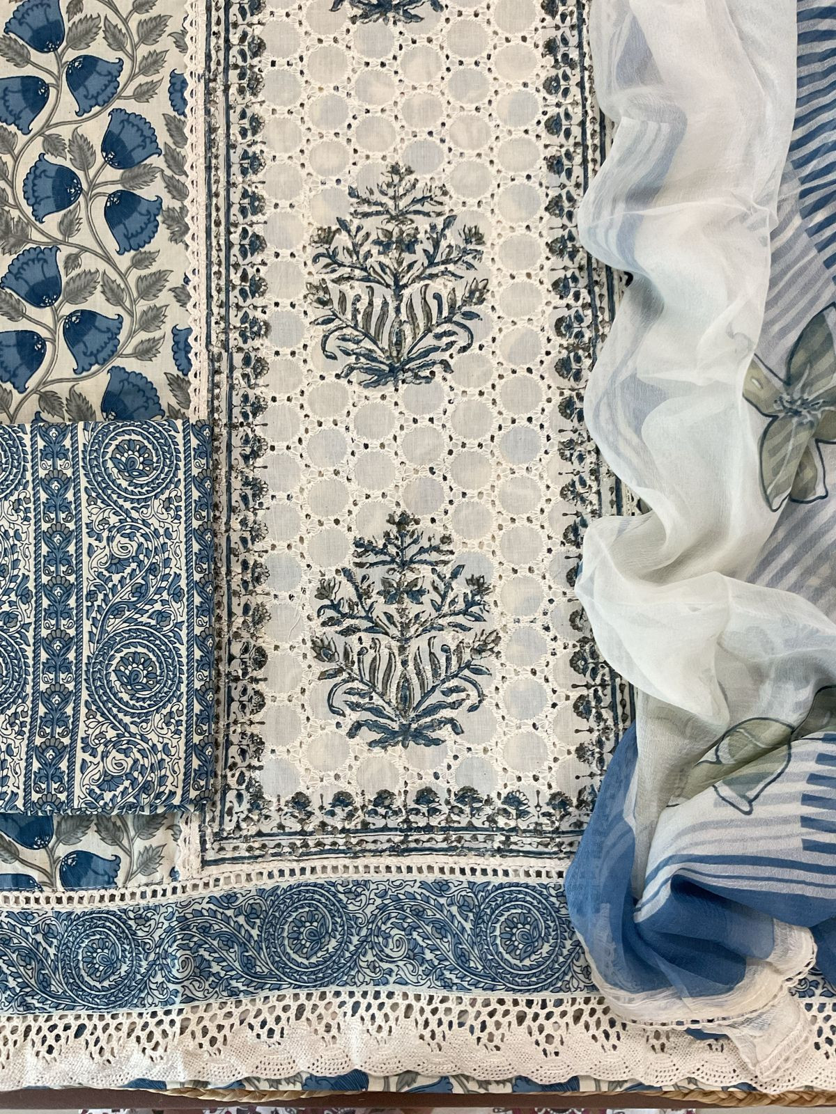 Pure Cotton Printed Embroidered Suit - Blue