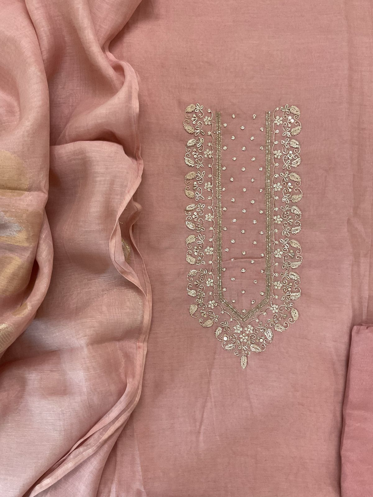 Soft Fine Chanderi Embroidered Jamdani Suit - Pinkish Peach