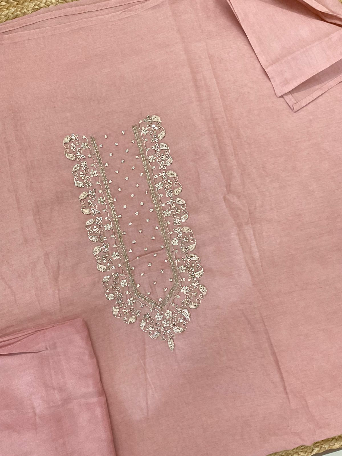 Soft Fine Chanderi Embroidered Jamdani Suit - Pinkish Peach