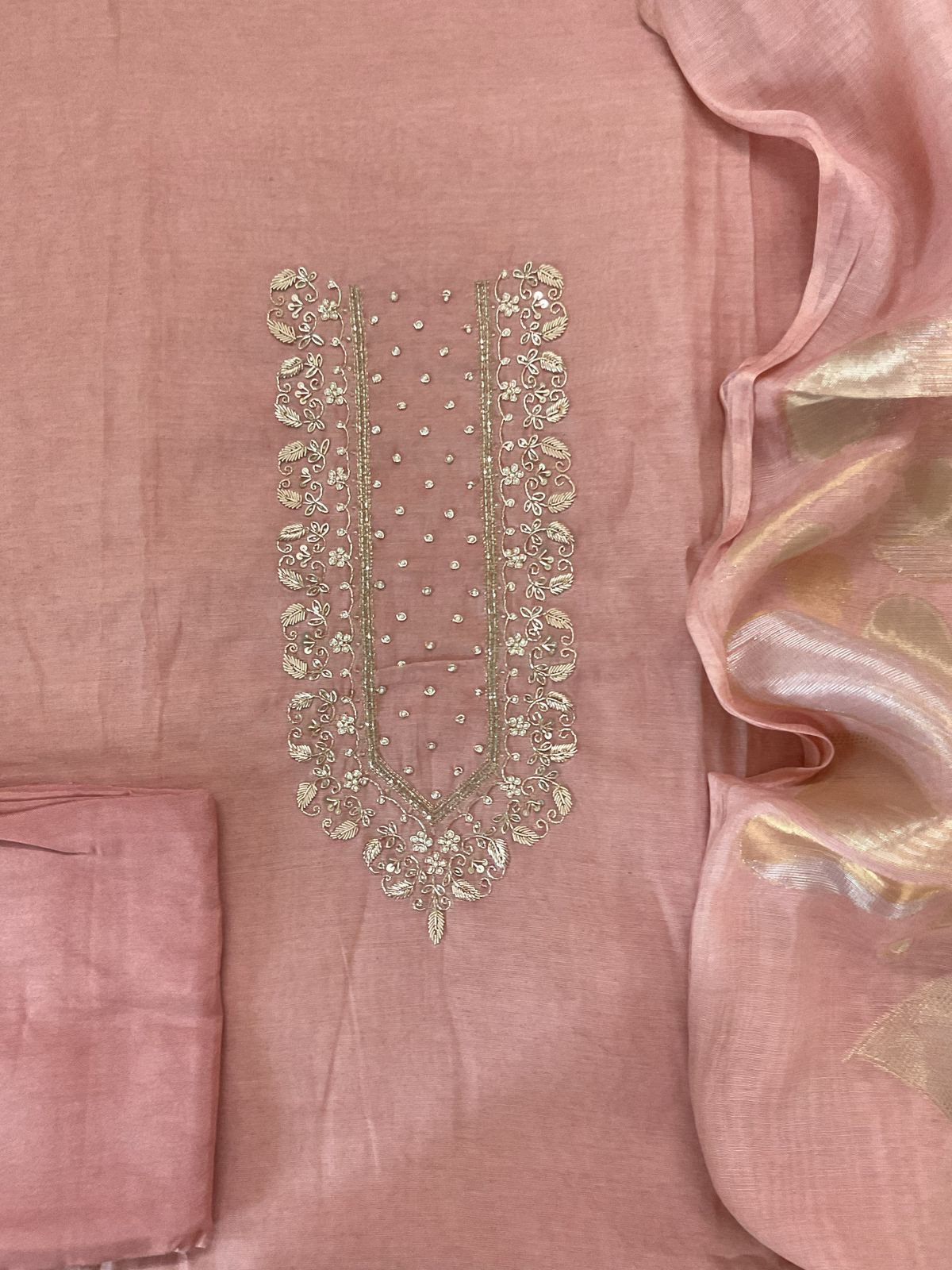 Soft Fine Chanderi Embroidered Jamdani Suit - Pinkish Peach