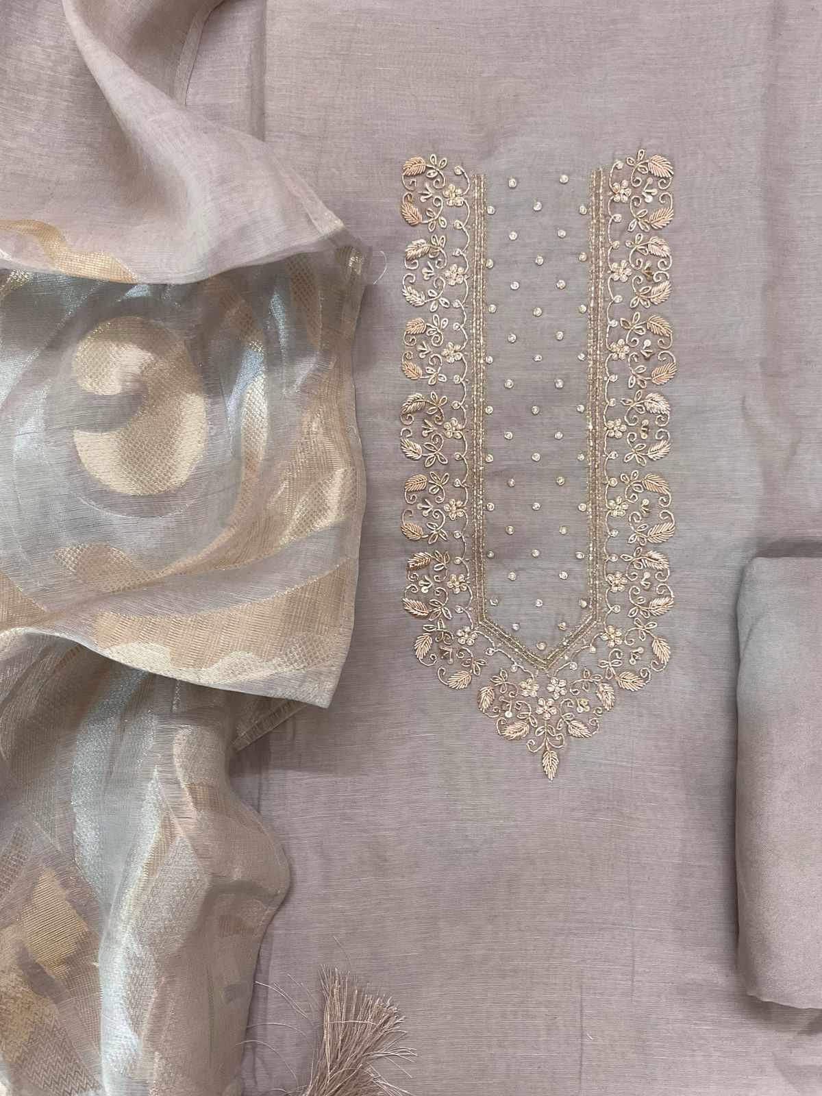 Soft Fine Chanderi Embroidered Jamdani Suit - Grey