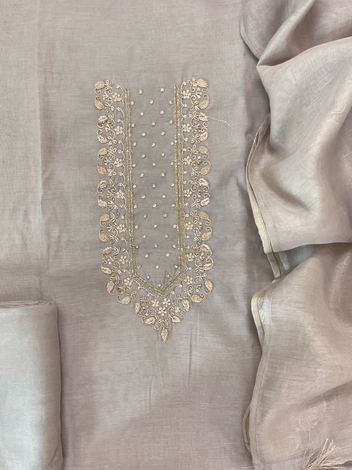 Soft Fine Chanderi Embroidered Jamdani Suit - Grey