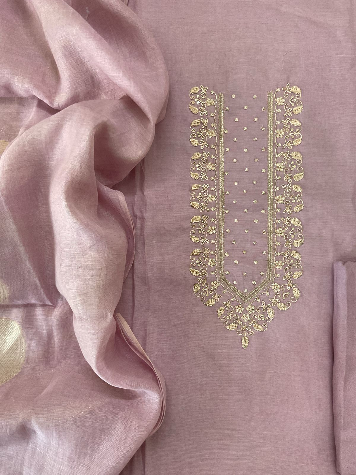 Soft Fine Chanderi Embroidered Jamdani Suit - Lavender