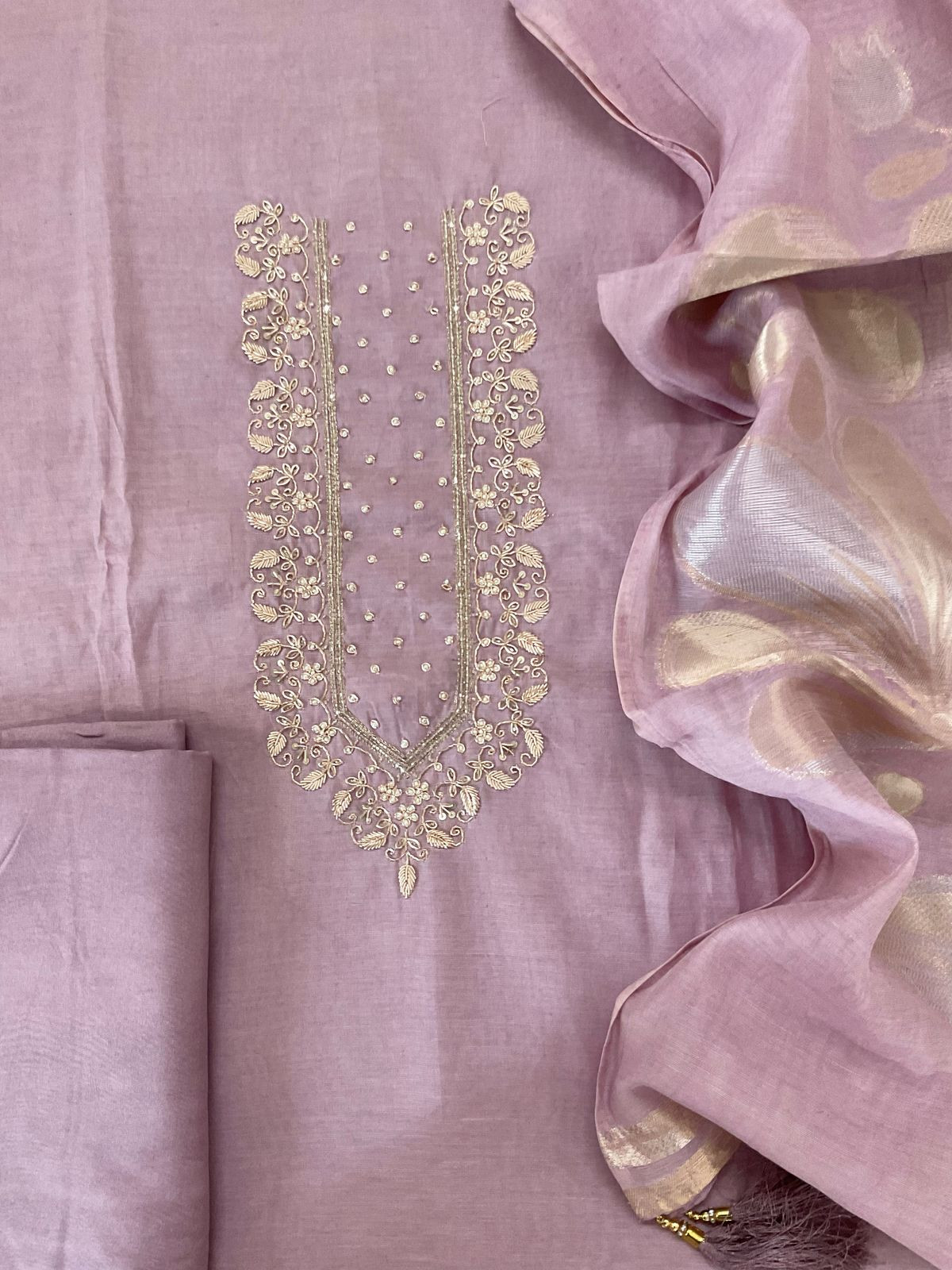 Soft Fine Chanderi Embroidered Jamdani Suit - Lavender