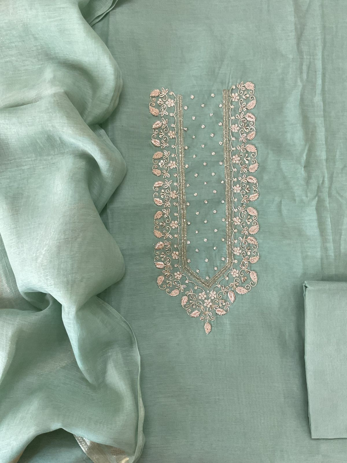 Soft Fine Chanderi Embroidered Jamdani Suit - Green
