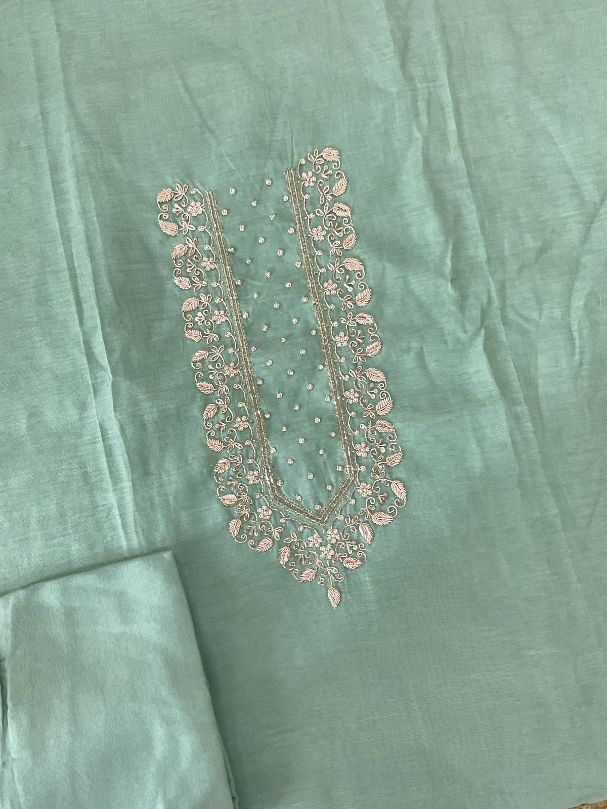 Soft Fine Chanderi Embroidered Jamdani Suit - Green