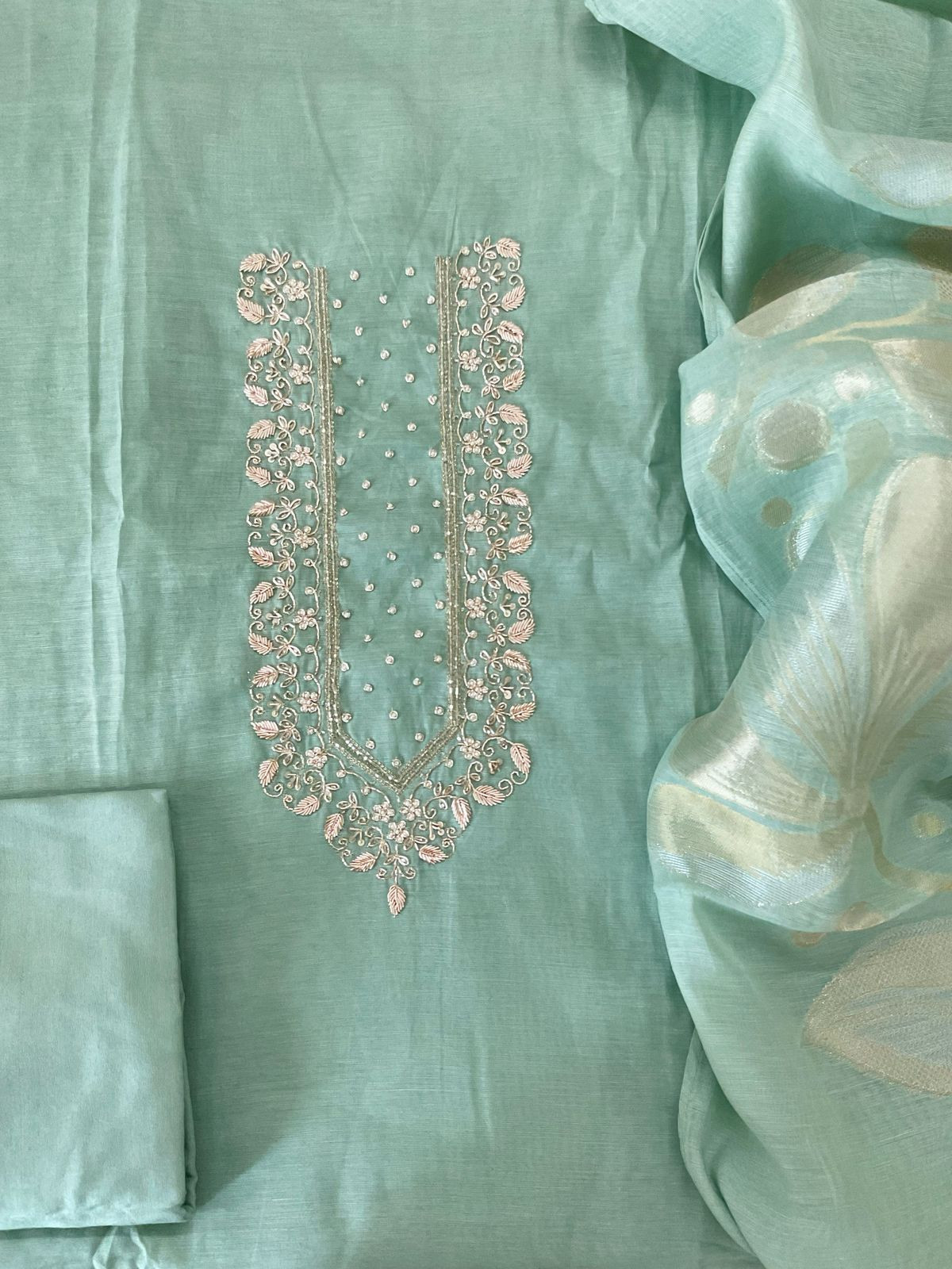 Soft Fine Chanderi Embroidered Jamdani Suit - Green