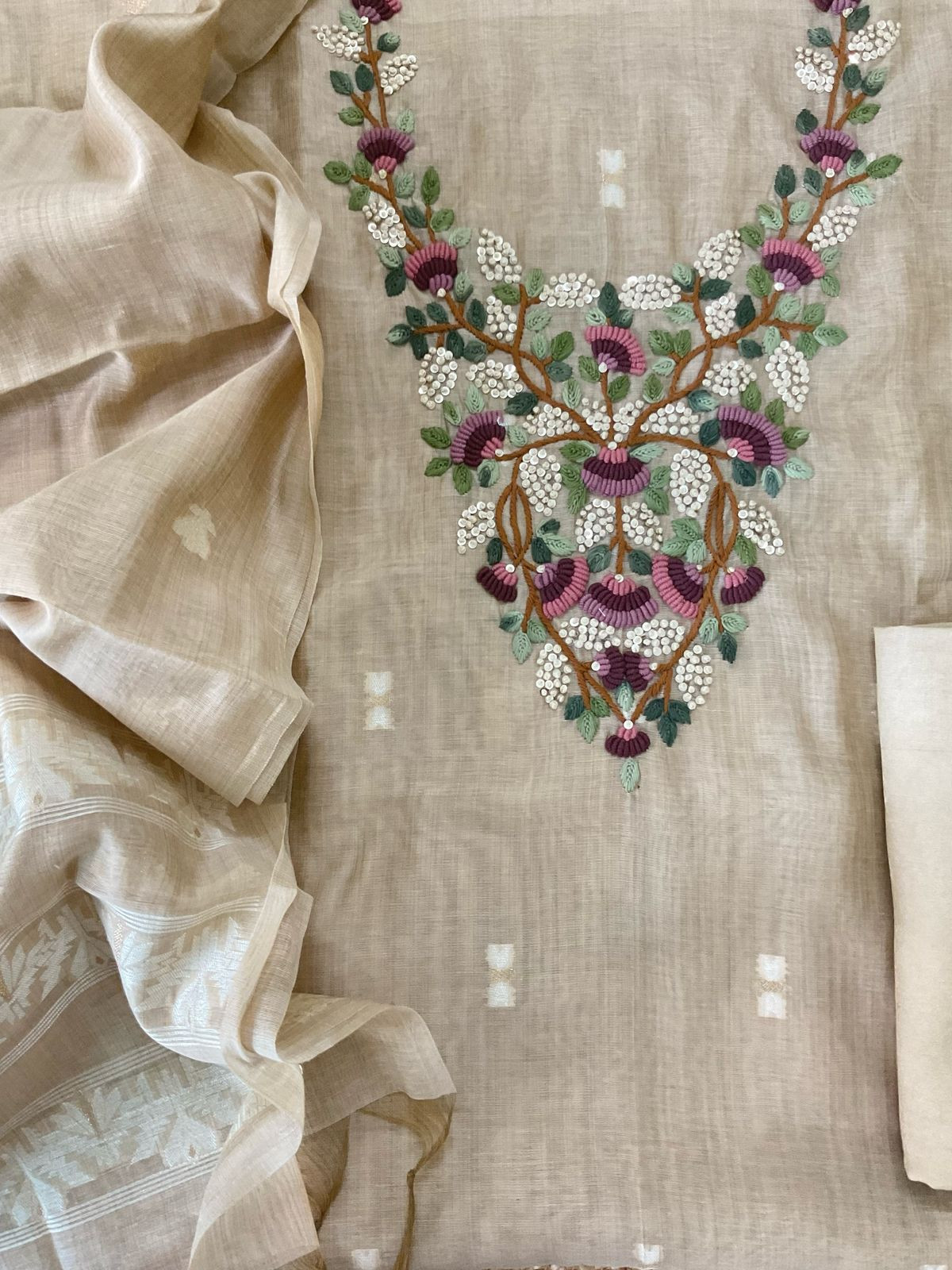 Soft Kora Chanderi Jamdani Weaved Embroidered Suit - Beige