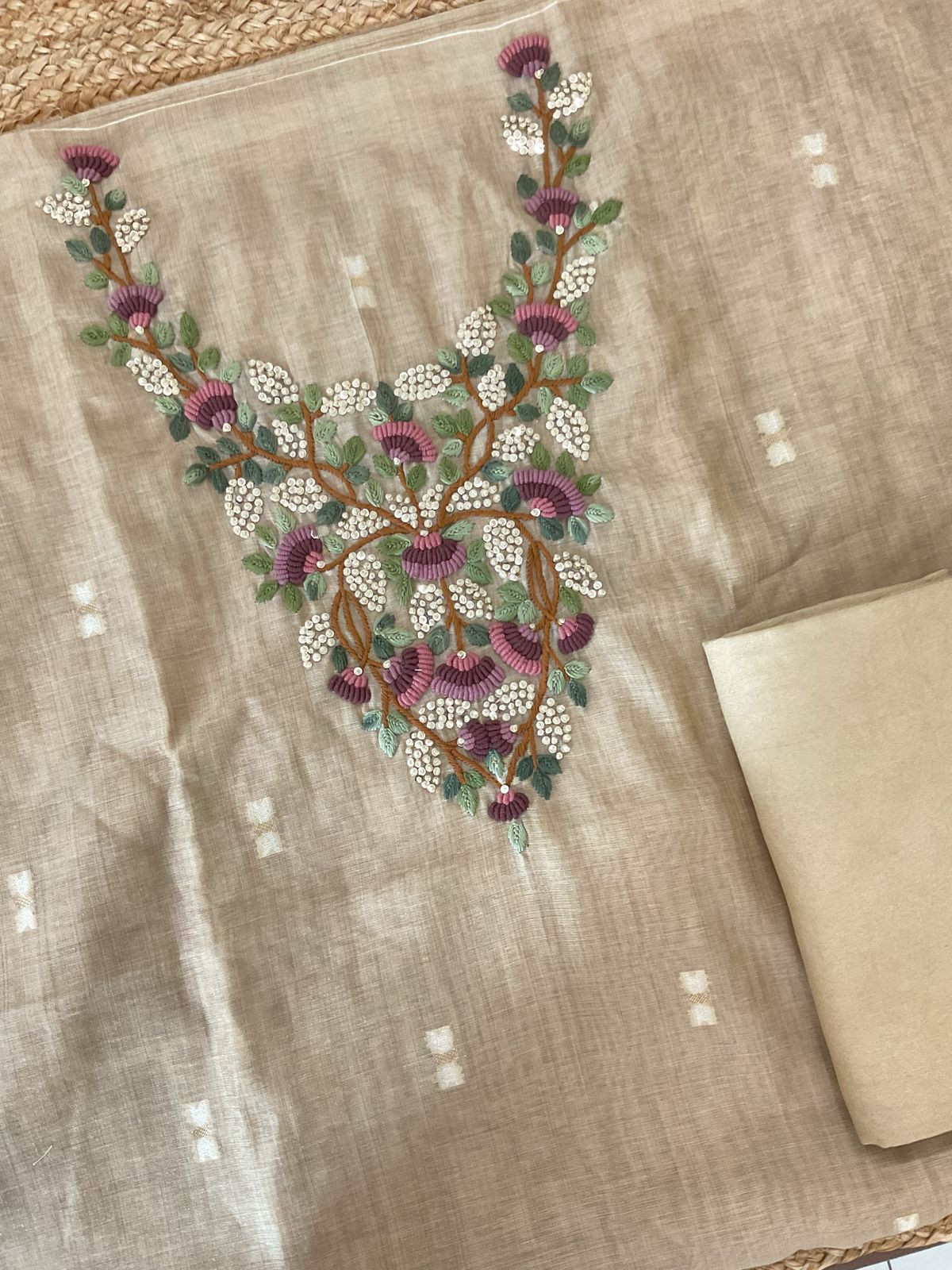 Soft Kora Chanderi Jamdani Weaved Embroidered Suit - Beige