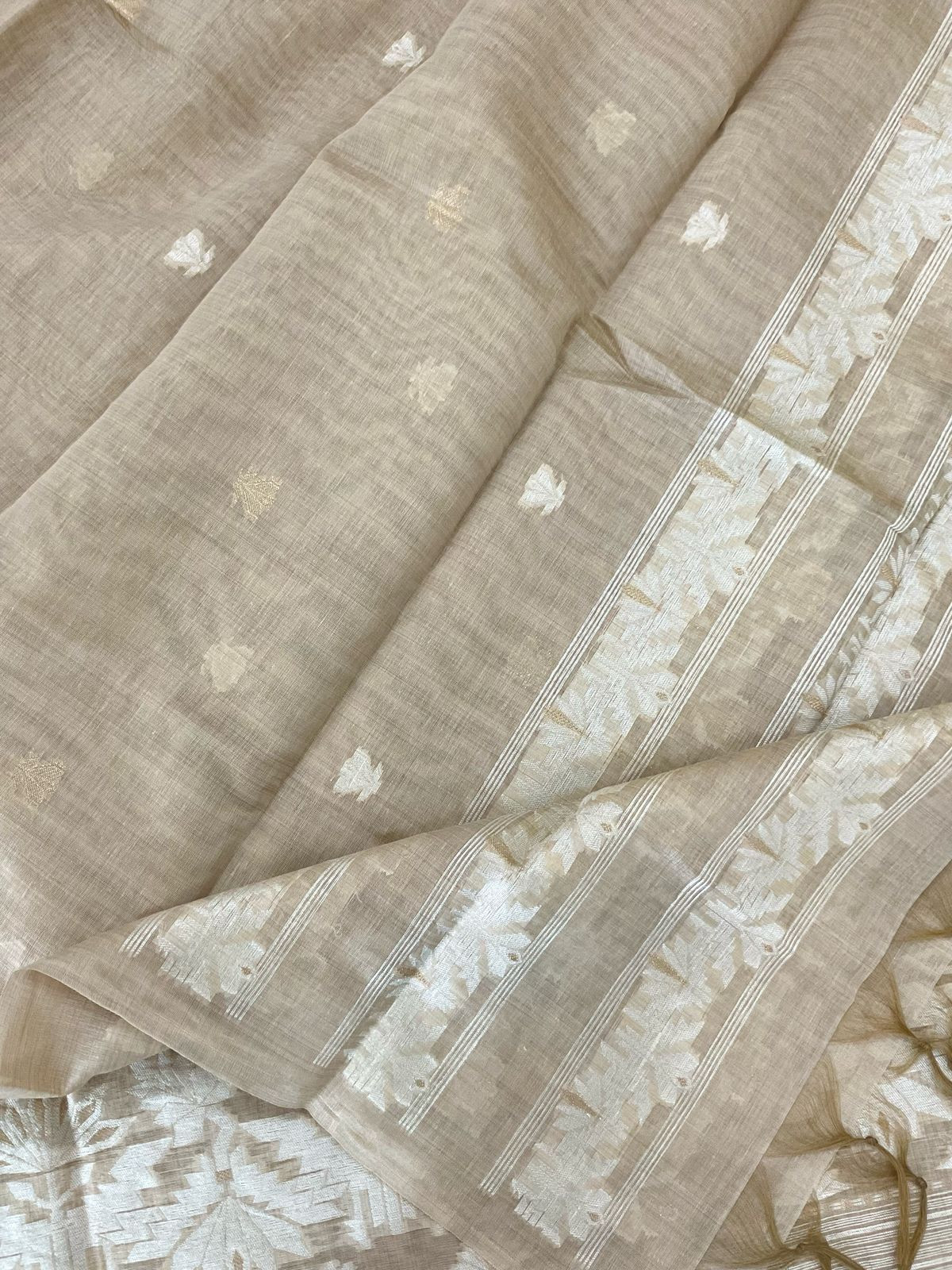 Soft Kora Chanderi Jamdani Weaved Embroidered Suit - Beige