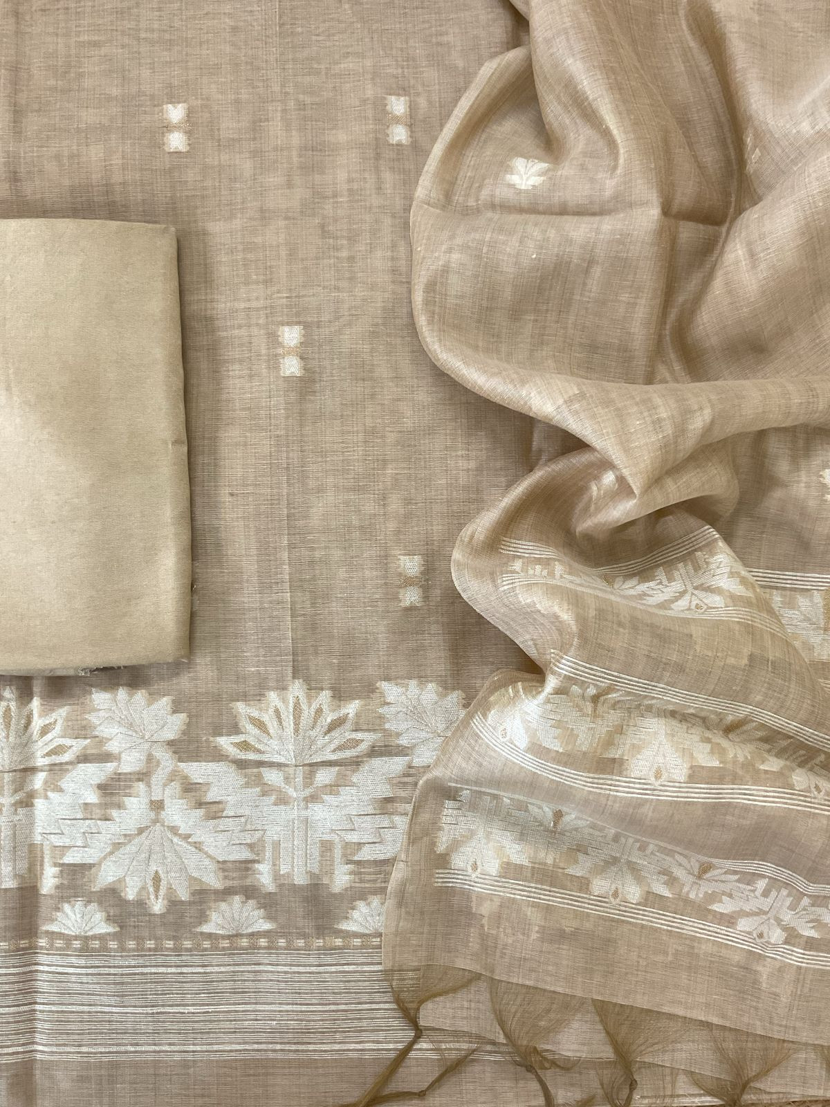 Soft Kora Chanderi Jamdani Weaved Embroidered Suit - Beige