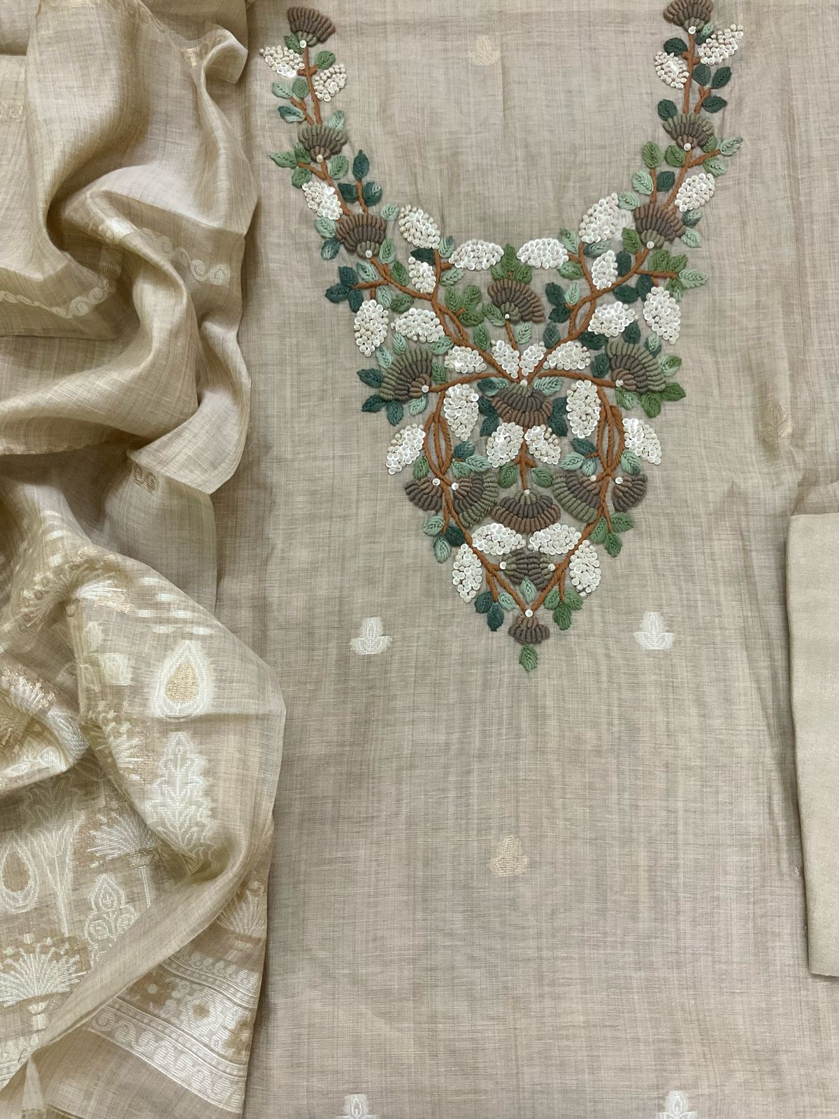 Soft Kora Chanderi Jamdani Weaved Embroidered Suit - Beige