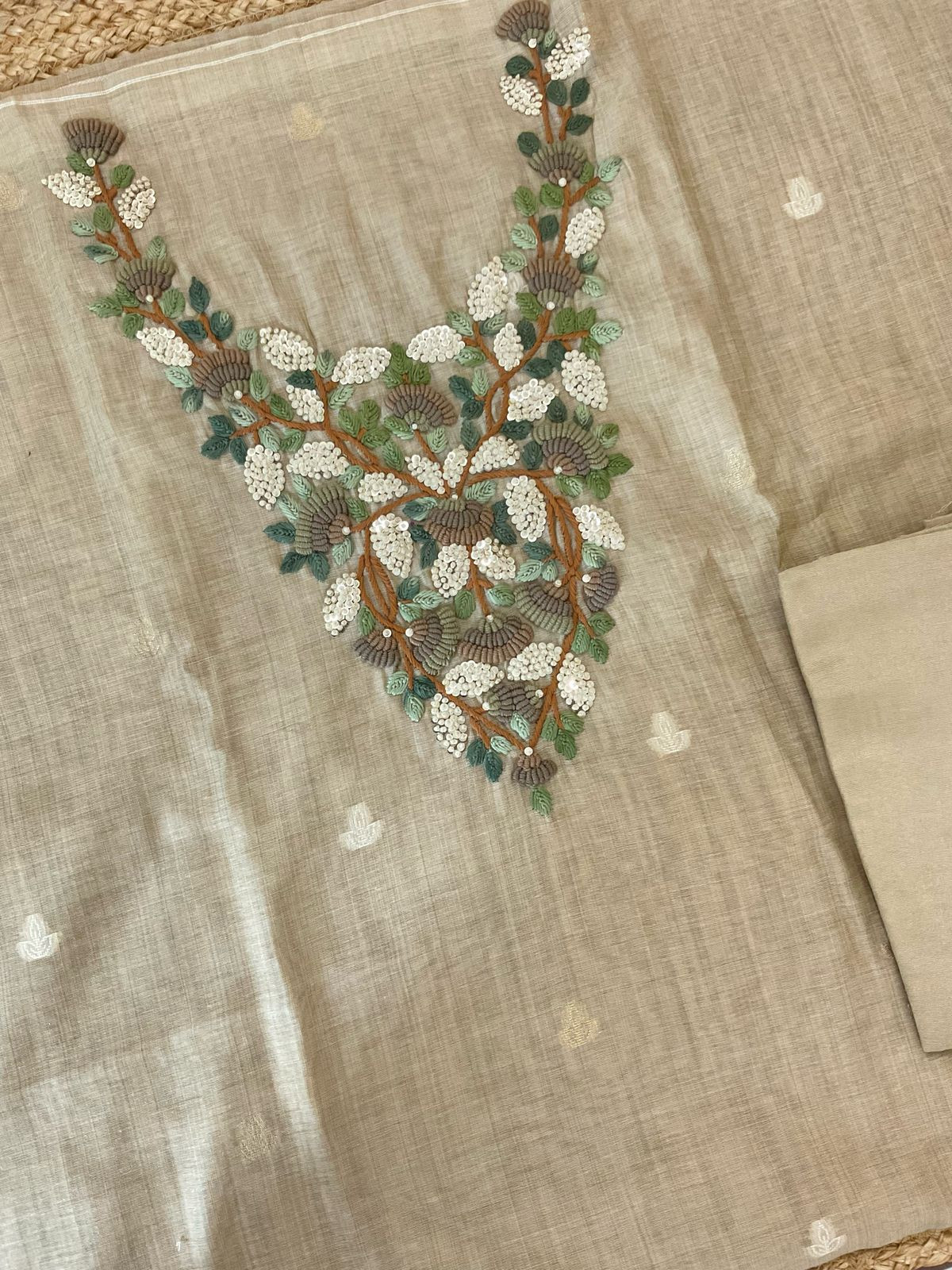 Soft Kora Chanderi Jamdani Weaved Embroidered Suit - Beige