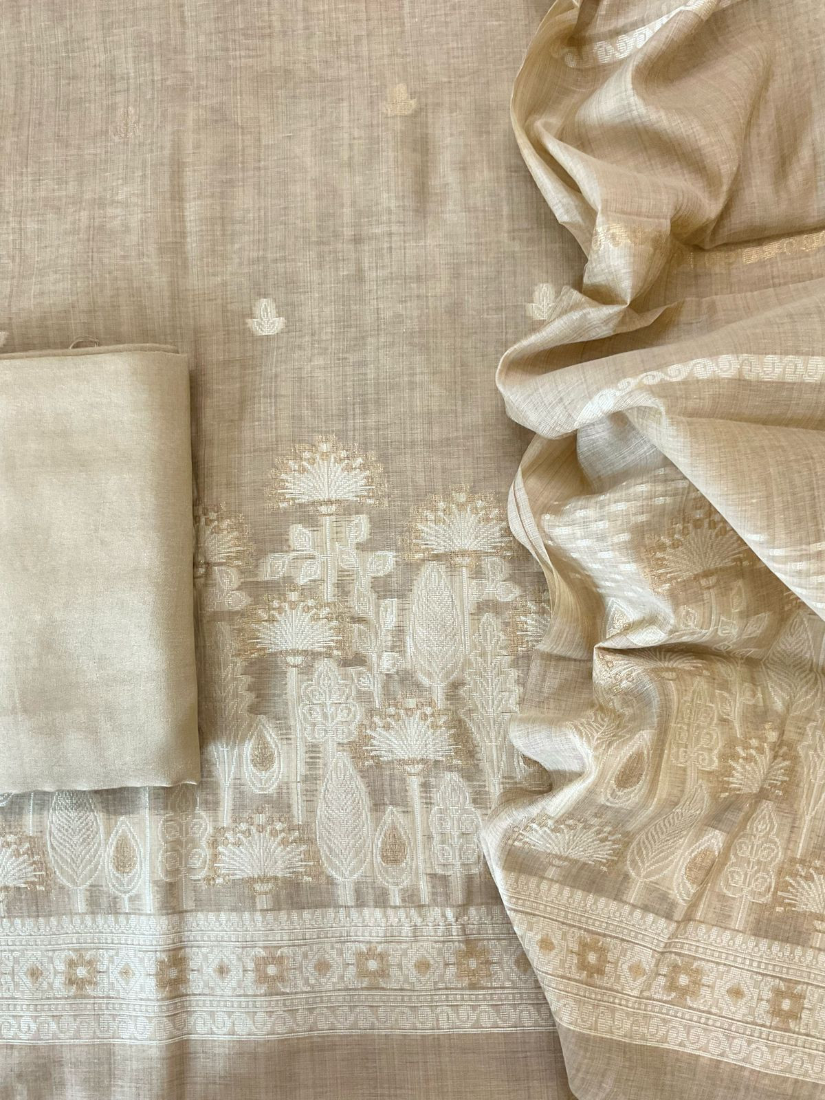 Soft Kora Chanderi Jamdani Weaved Embroidered Suit - Beige