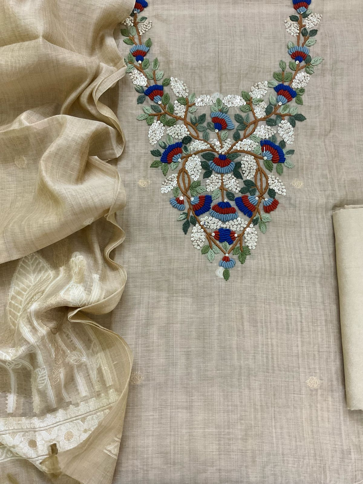 Soft Kora Chanderi Jamdani Weaved Embroidered Suit - Beige