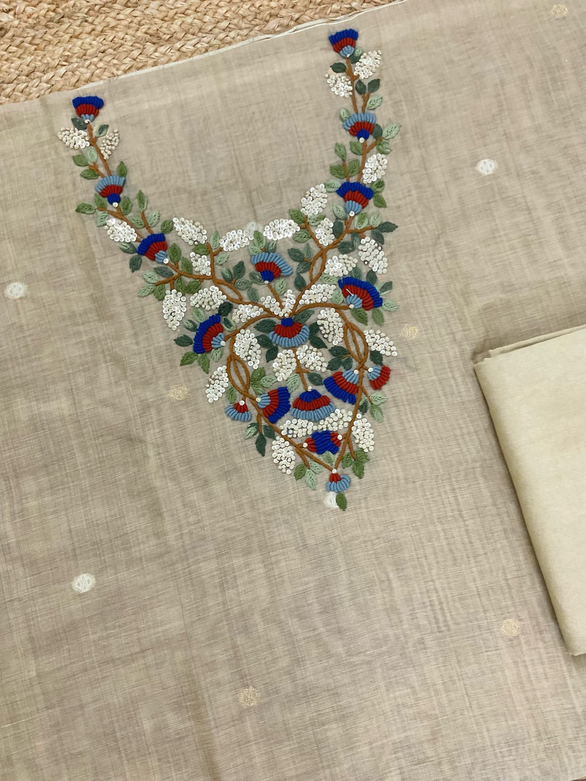 Soft Kora Chanderi Jamdani Weaved Embroidered Suit - Beige