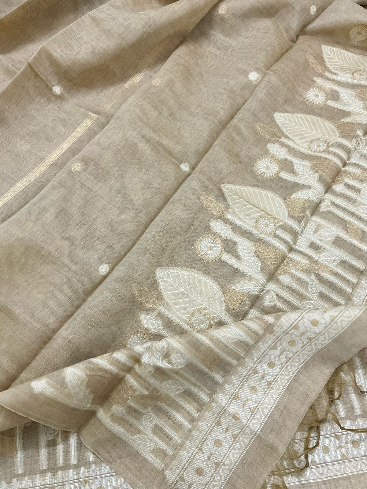 Soft Kora Chanderi Jamdani Weaved Embroidered Suit - Beige
