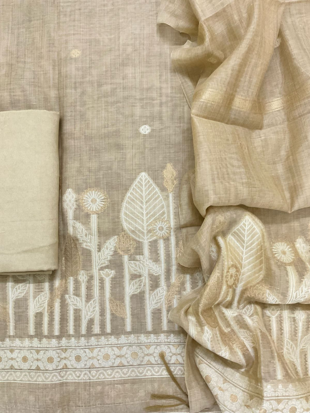 Soft Kora Chanderi Jamdani Weaved Embroidered Suit - Beige