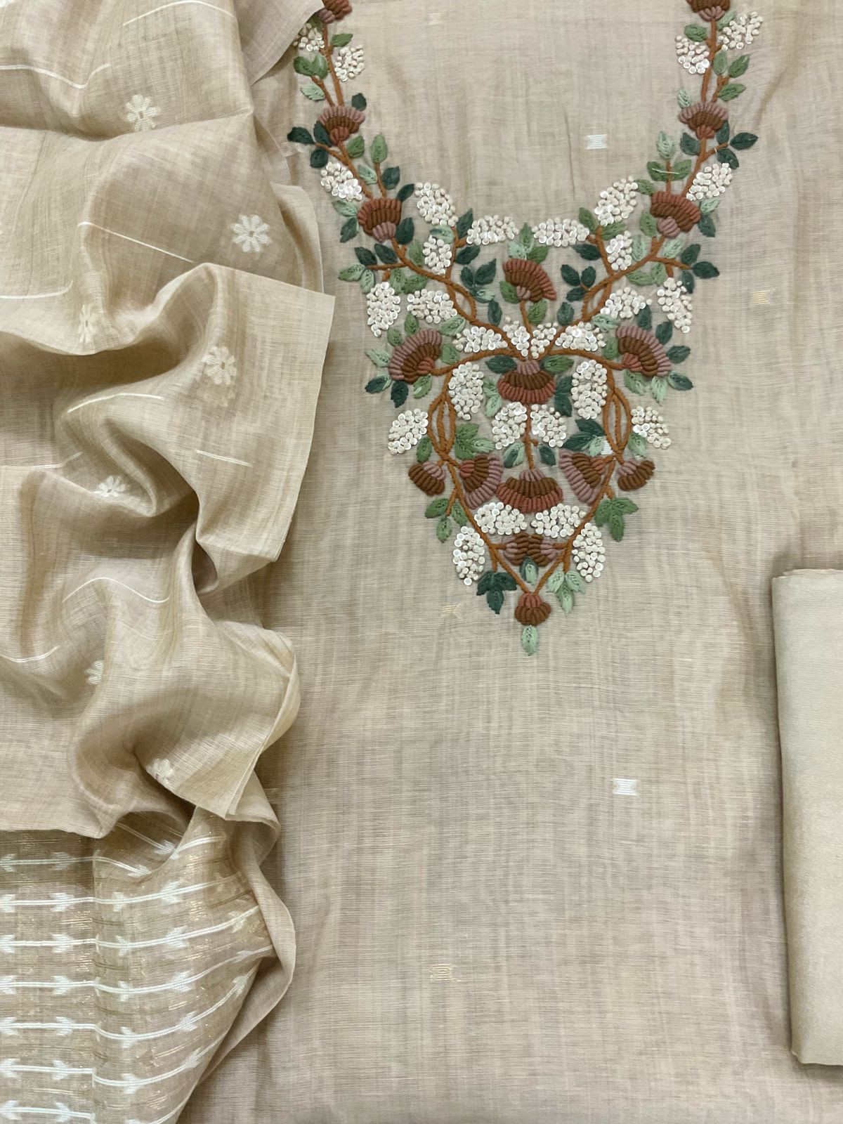 Soft Kora Chanderi Jamdani Weaved Embroidered Suit - Beige