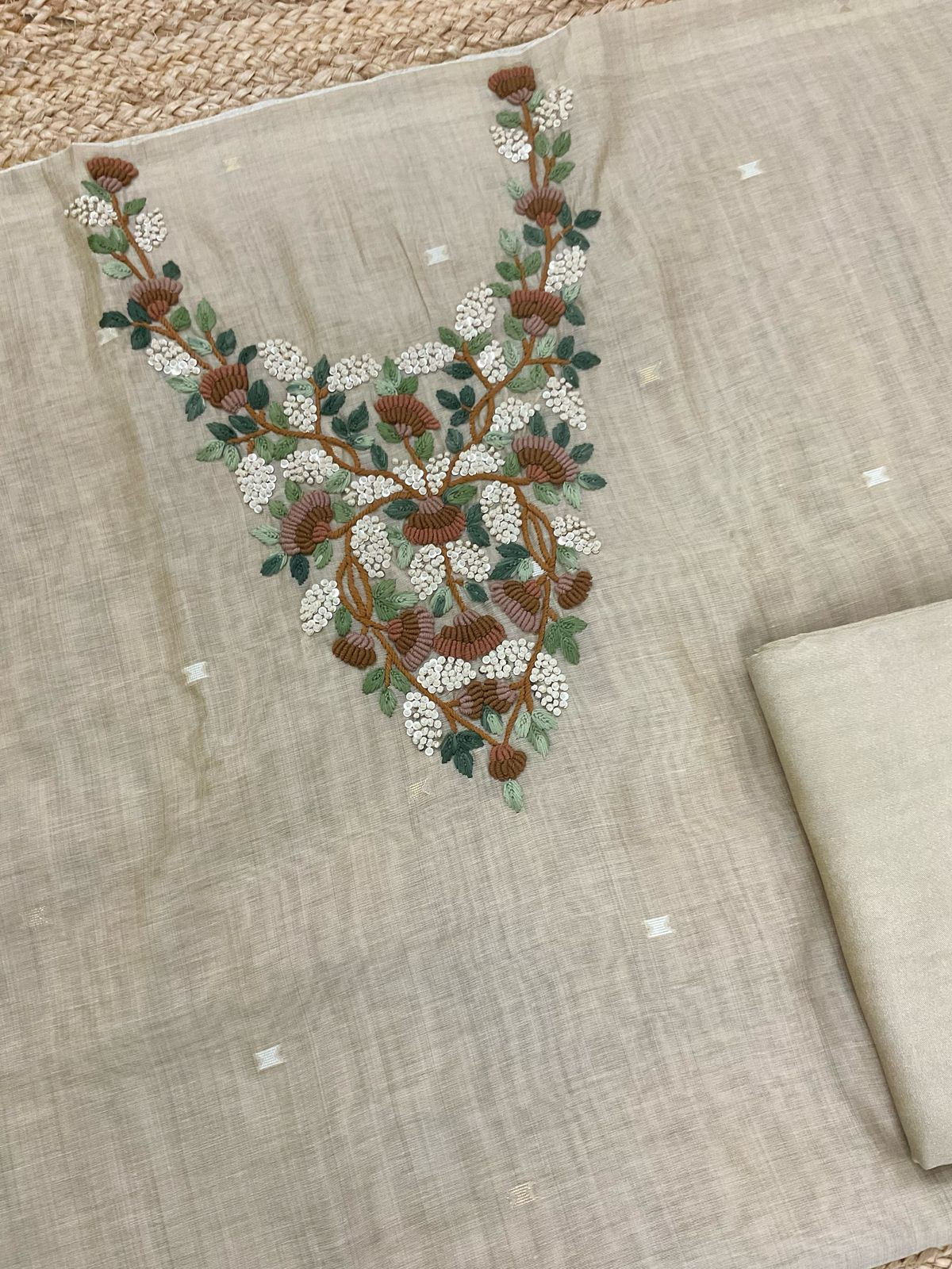 Soft Kora Chanderi Jamdani Weaved Embroidered Suit - Beige