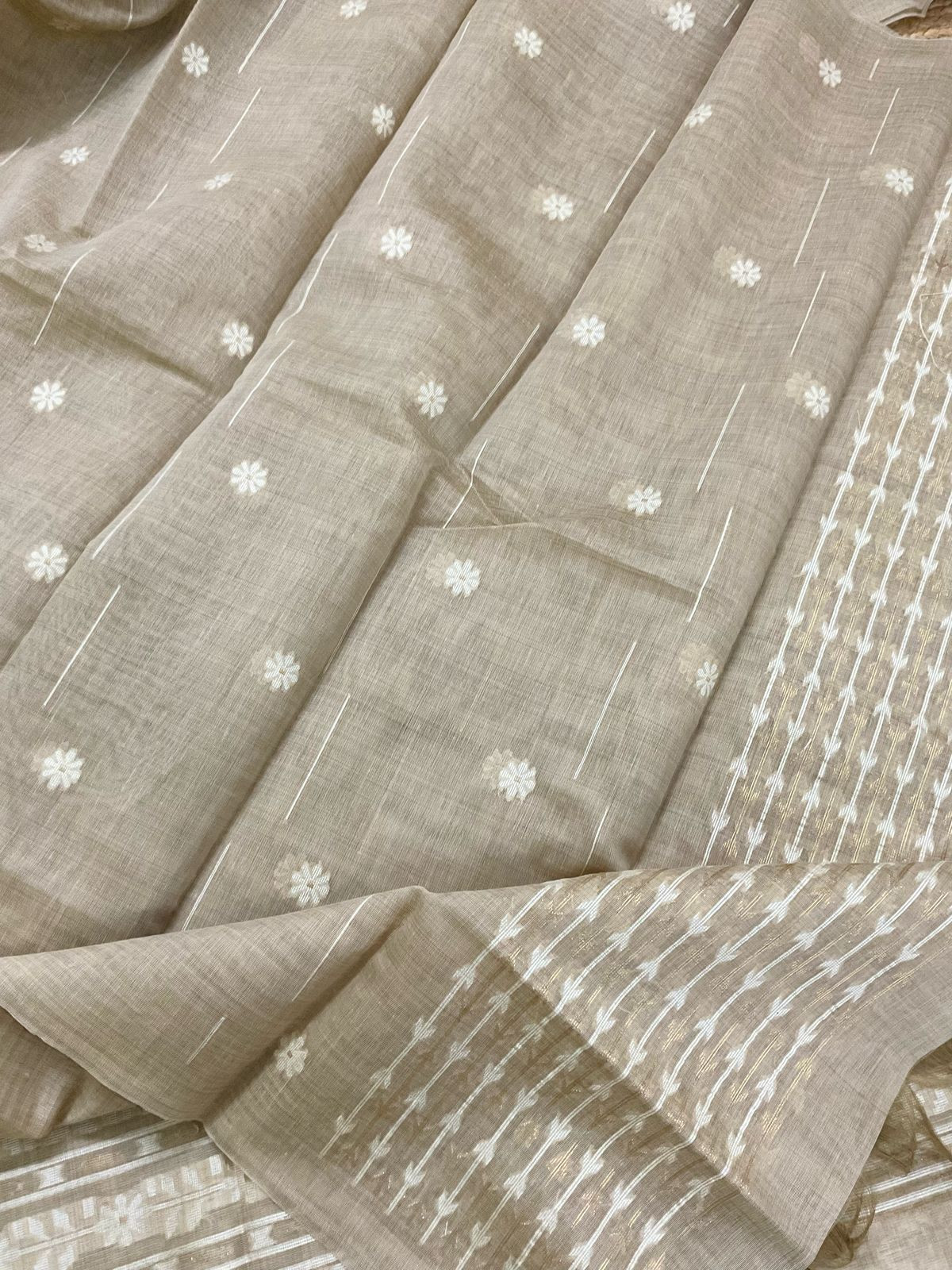 Soft Kora Chanderi Jamdani Weaved Embroidered Suit - Beige