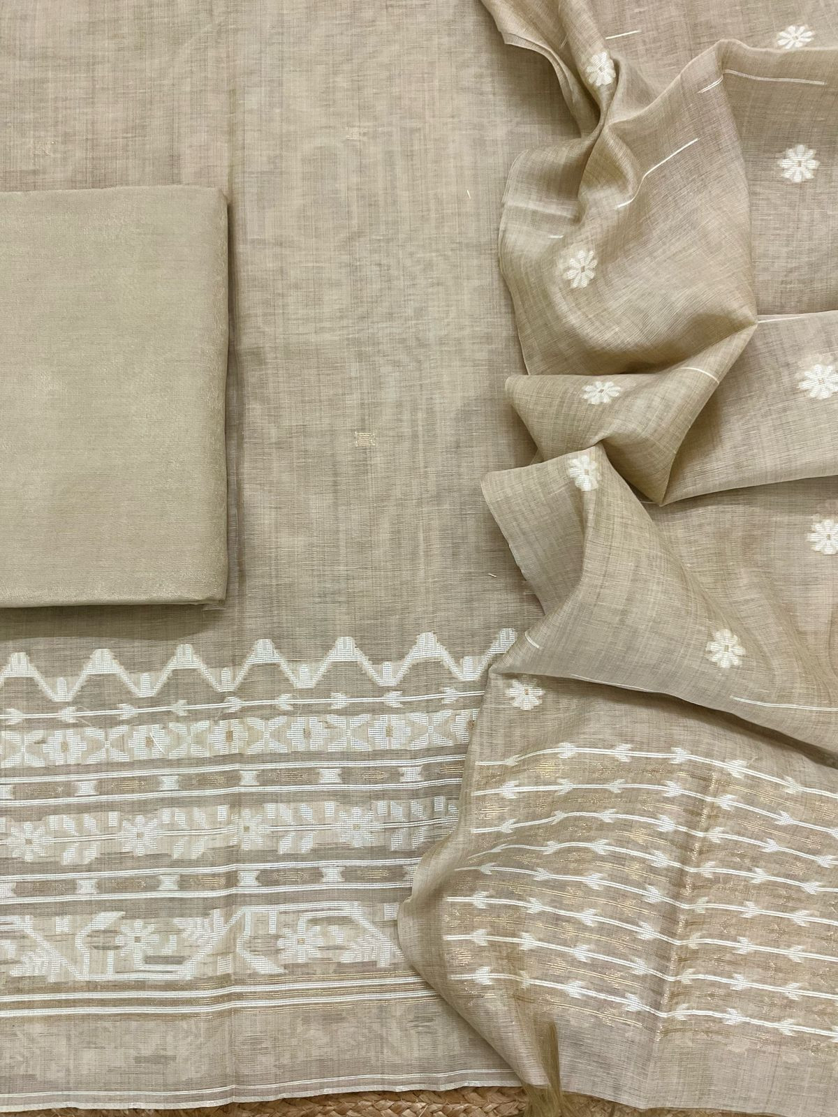 Soft Kora Chanderi Jamdani Weaved Embroidered Suit - Beige