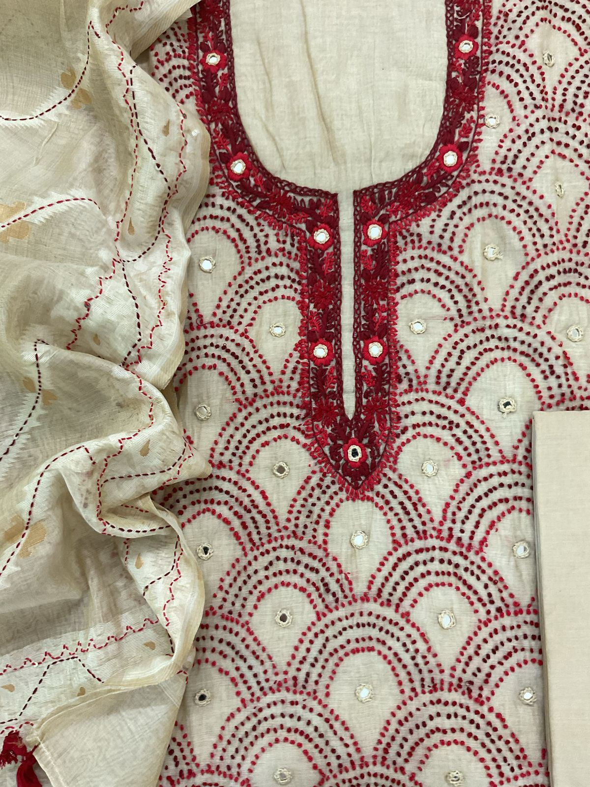 Soft Slub Chanderi Embroidered Suit - Beige