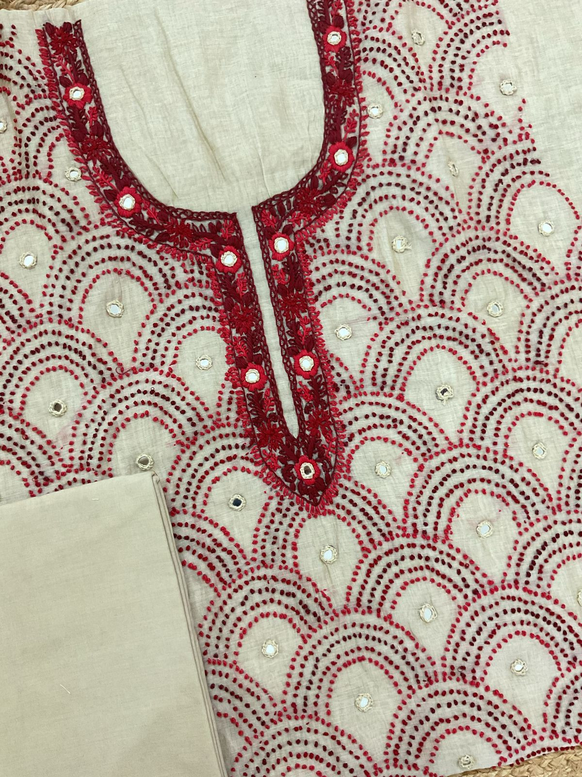 Soft Slub Chanderi Embroidered Suit - Beige