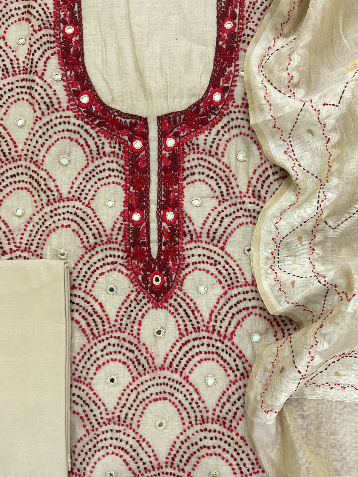 Soft Slub Chanderi Embroidered Suit - Beige