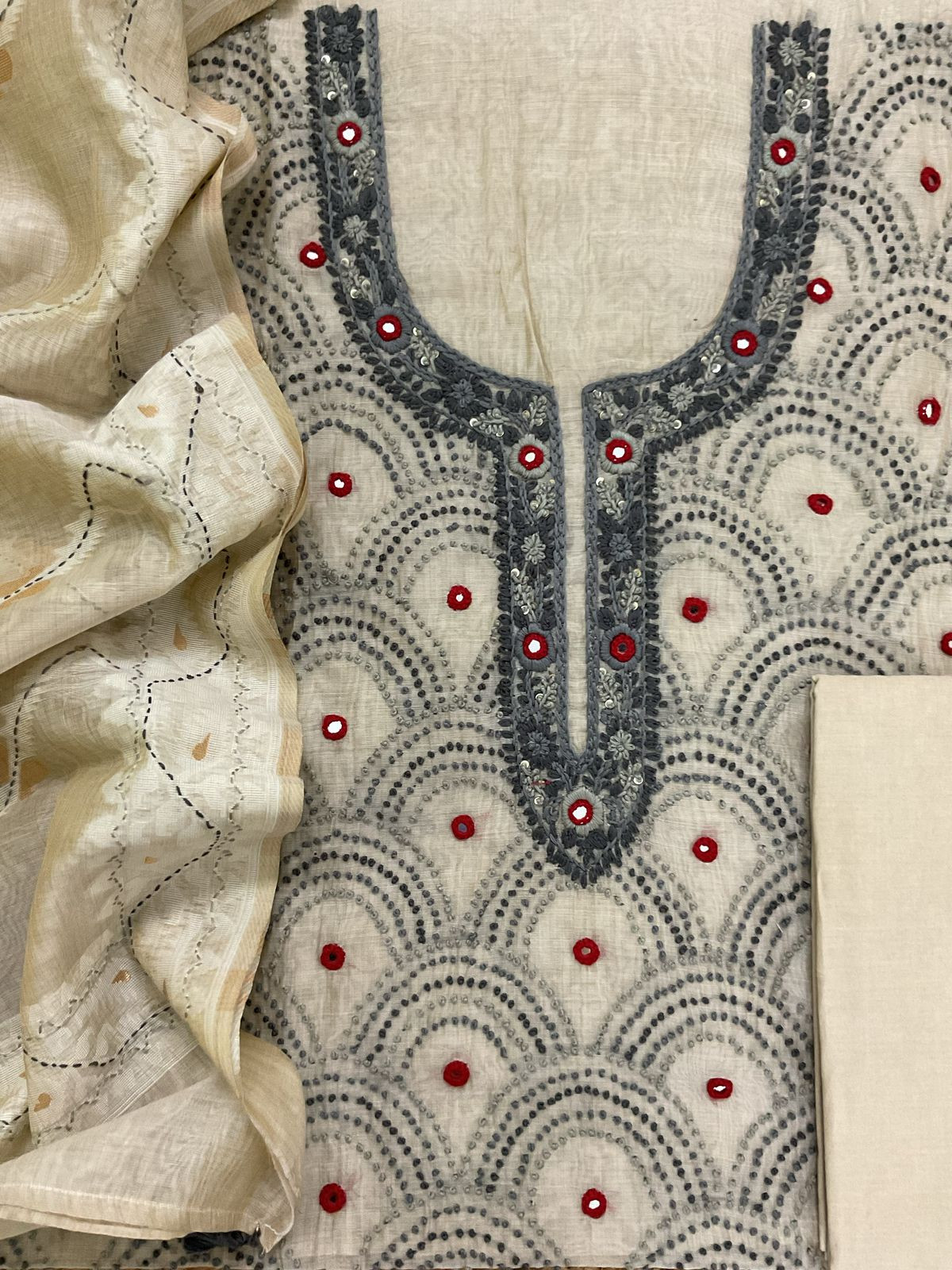 Soft Slub Chanderi Embroidered Suit - Beige