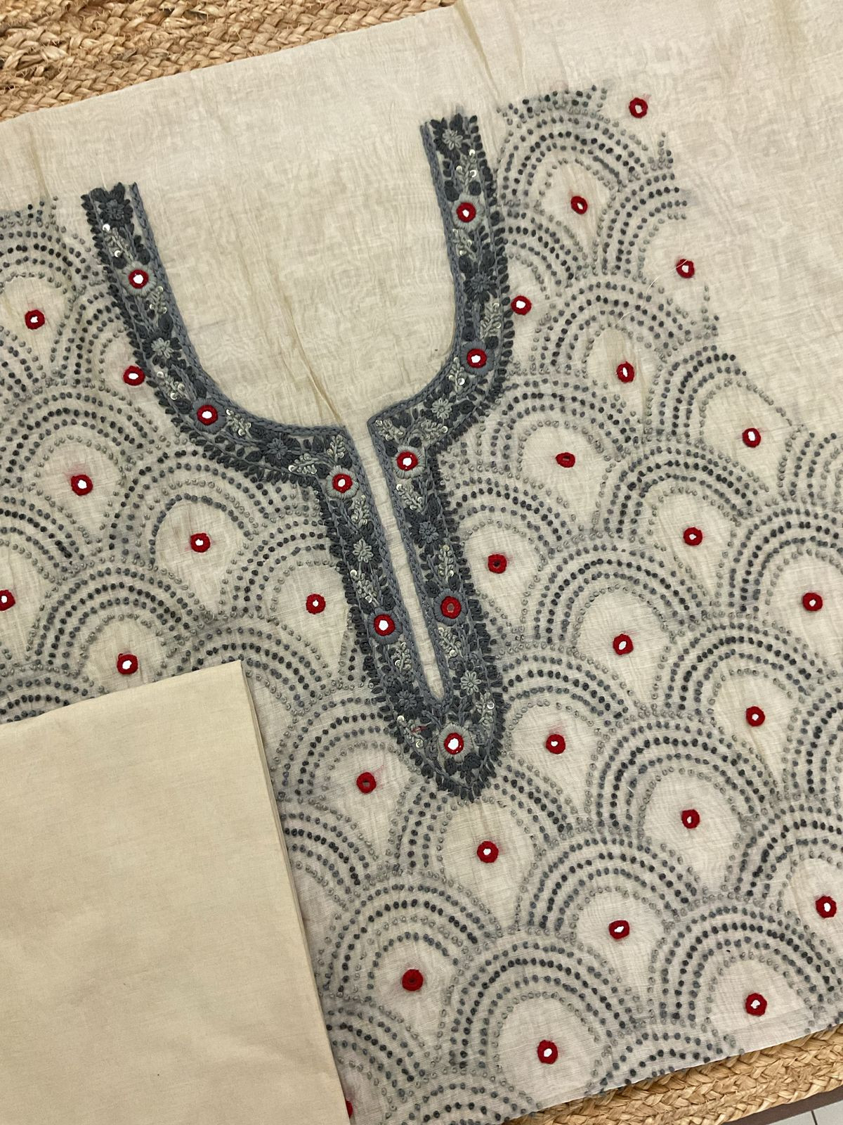 Soft Slub Chanderi Embroidered Suit - Beige