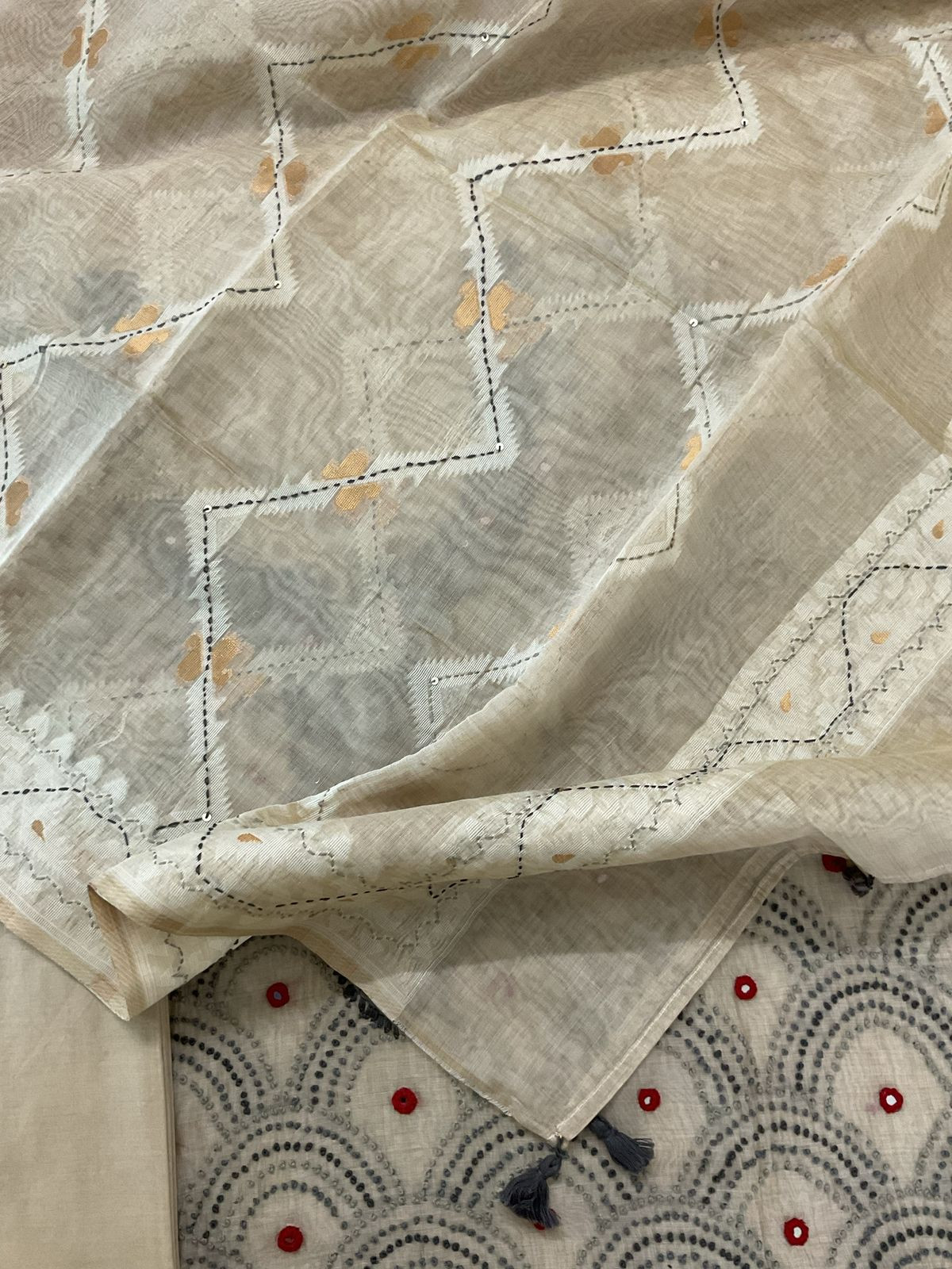 Soft Slub Chanderi Embroidered Suit - Beige