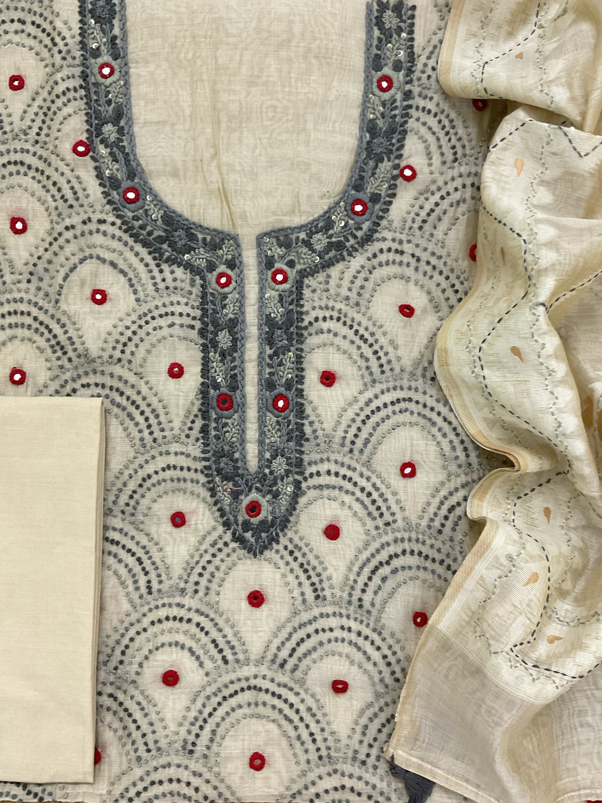 Soft Slub Chanderi Embroidered Suit - Beige