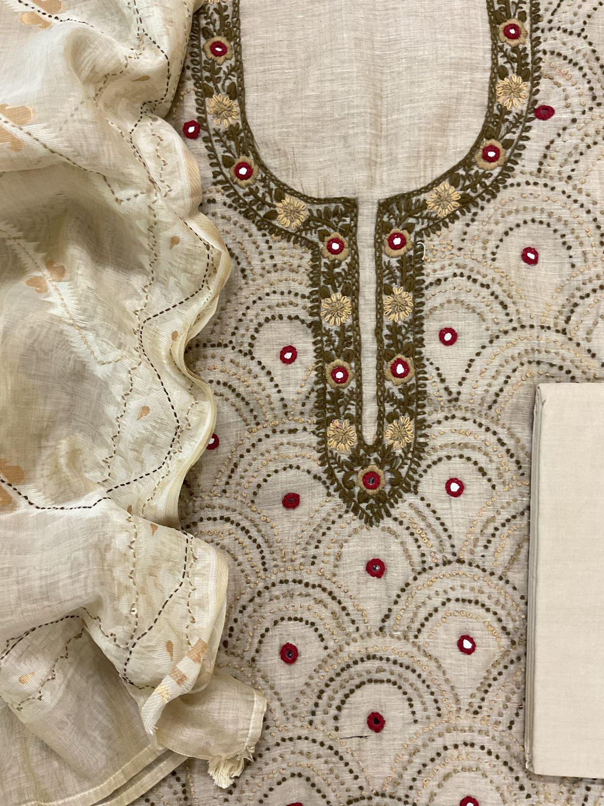 Soft Slub Chanderi Embroidered Suit - Beige