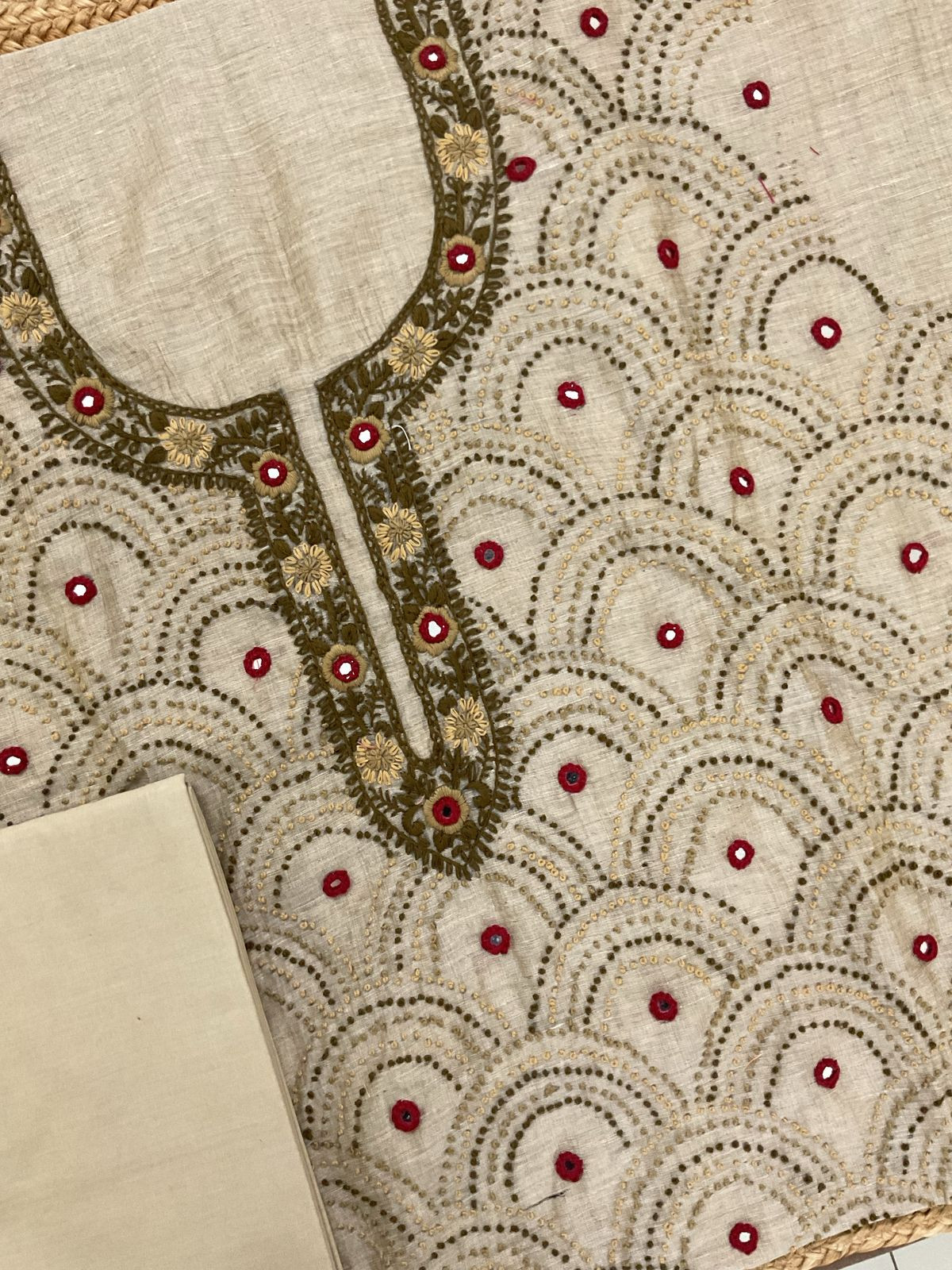 Soft Slub Chanderi Embroidered Suit - Beige
