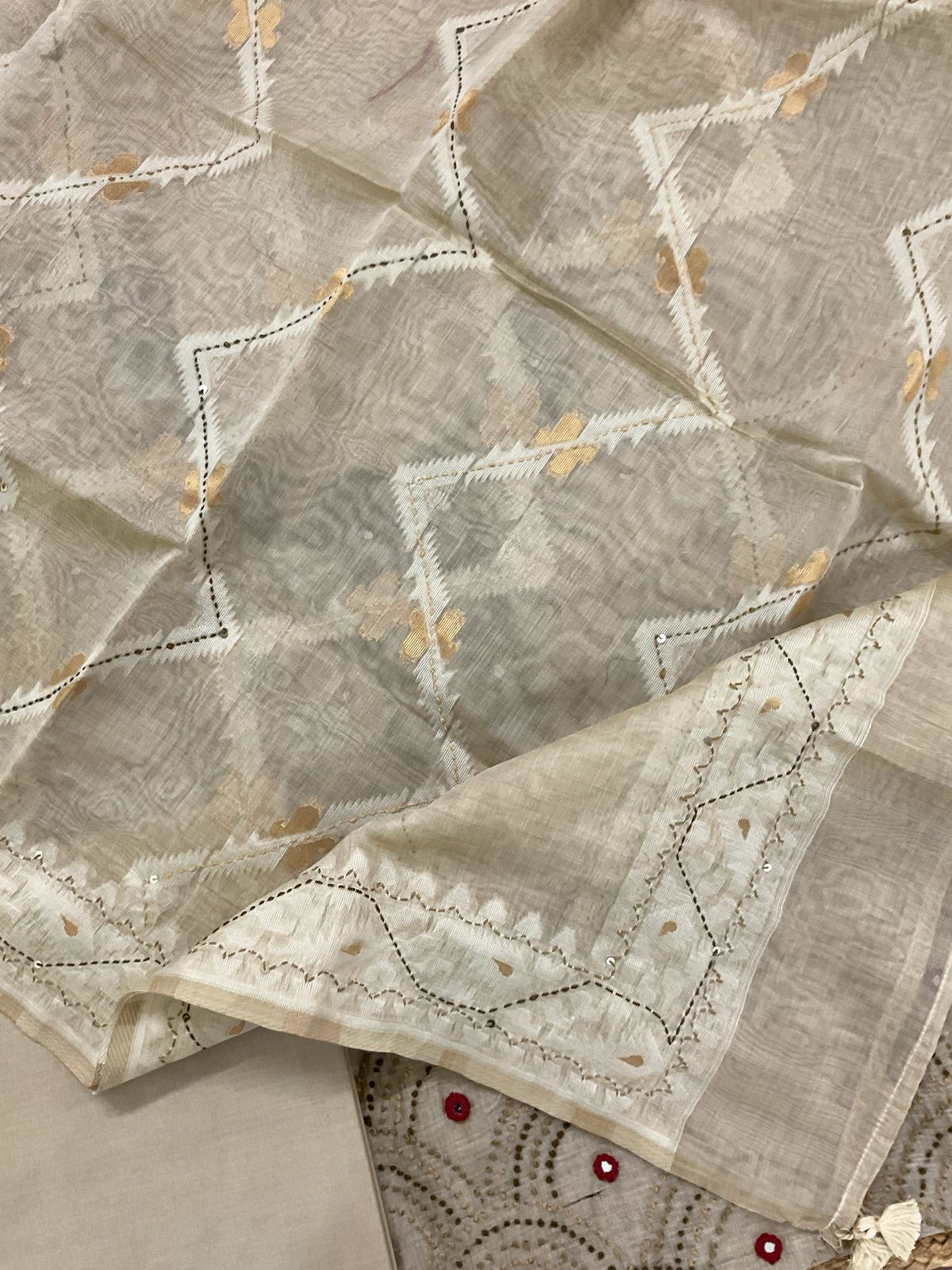 Soft Slub Chanderi Embroidered Suit - Beige