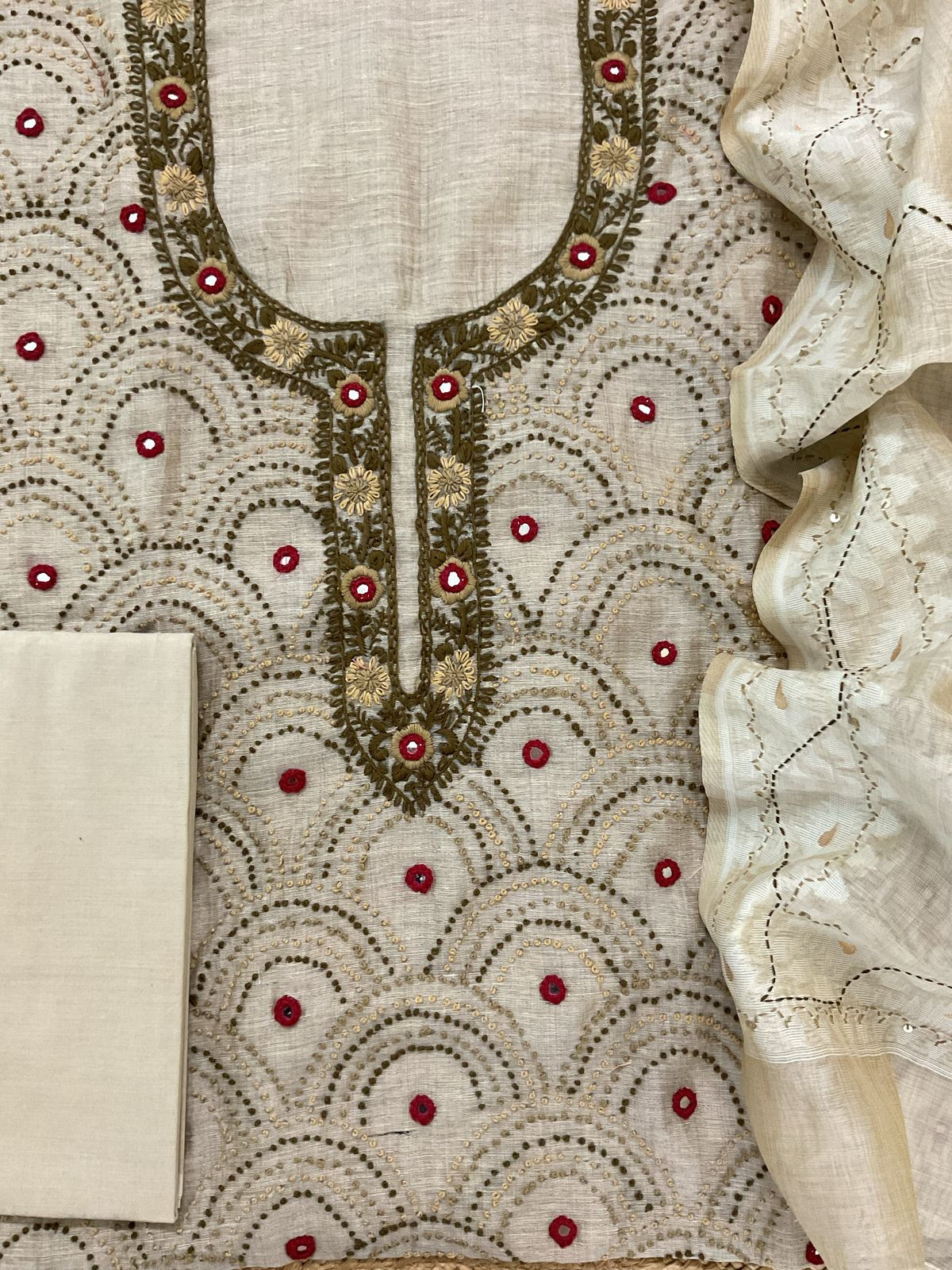 Soft Slub Chanderi Embroidered Suit - Beige